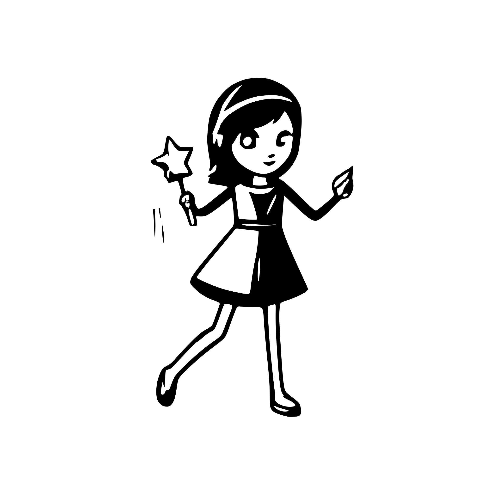 AI-generated SVG of a stick figure skinny lady with black hair wearing a cape and wearing s simple crown , carrying  magic wand while she runs