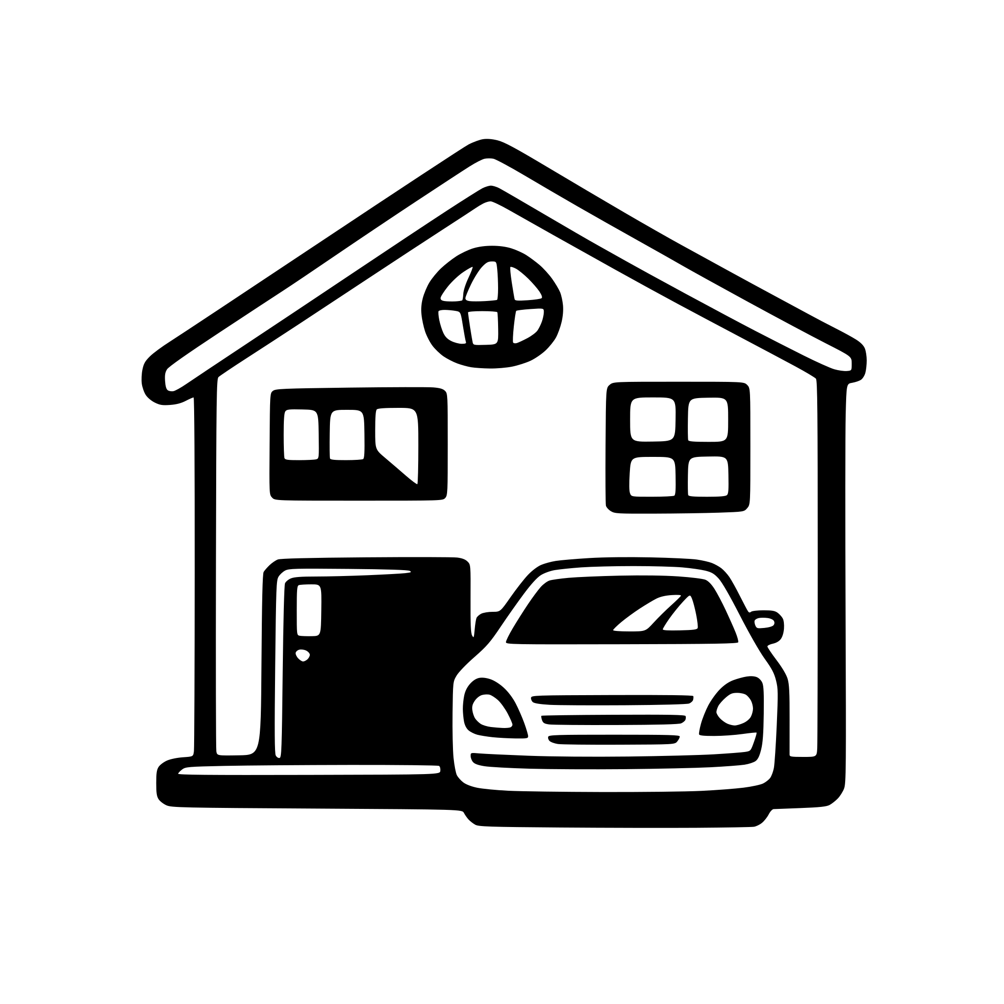 AI-generated SVG of a Create a flat, monochrome vector icon on a white background. • Outline a simple single‑story house with a pitched roof, open at the front like a carport. • Center a frontal view of a compact car inside the house outline, leaving small negative‑space cut‑outs for the headlights and grill. • Add a smooth, slightly curved driveway tail extending forward from the car’s front bumper. • Place a bold dollar‑sign glyph just outside the right wall of the house, aligned mid‑height with the car. • Use a si