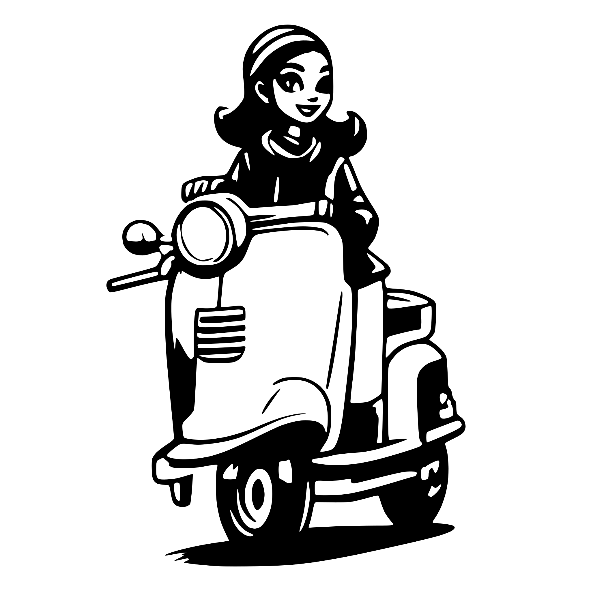 AI-generated SVG of a Short hairs colored black women on a vespa