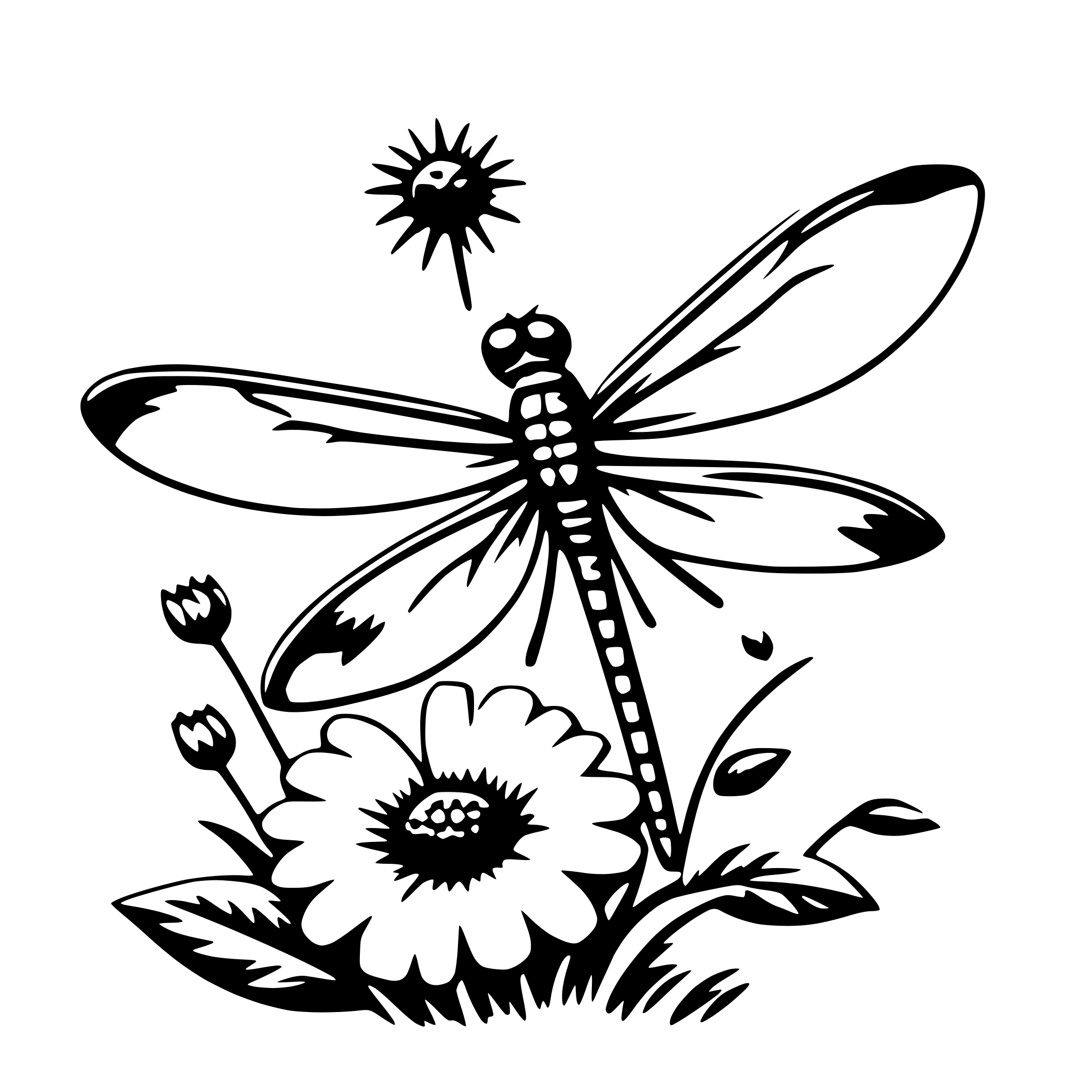 AI-generated SVG of 'dragonfly and flowers'