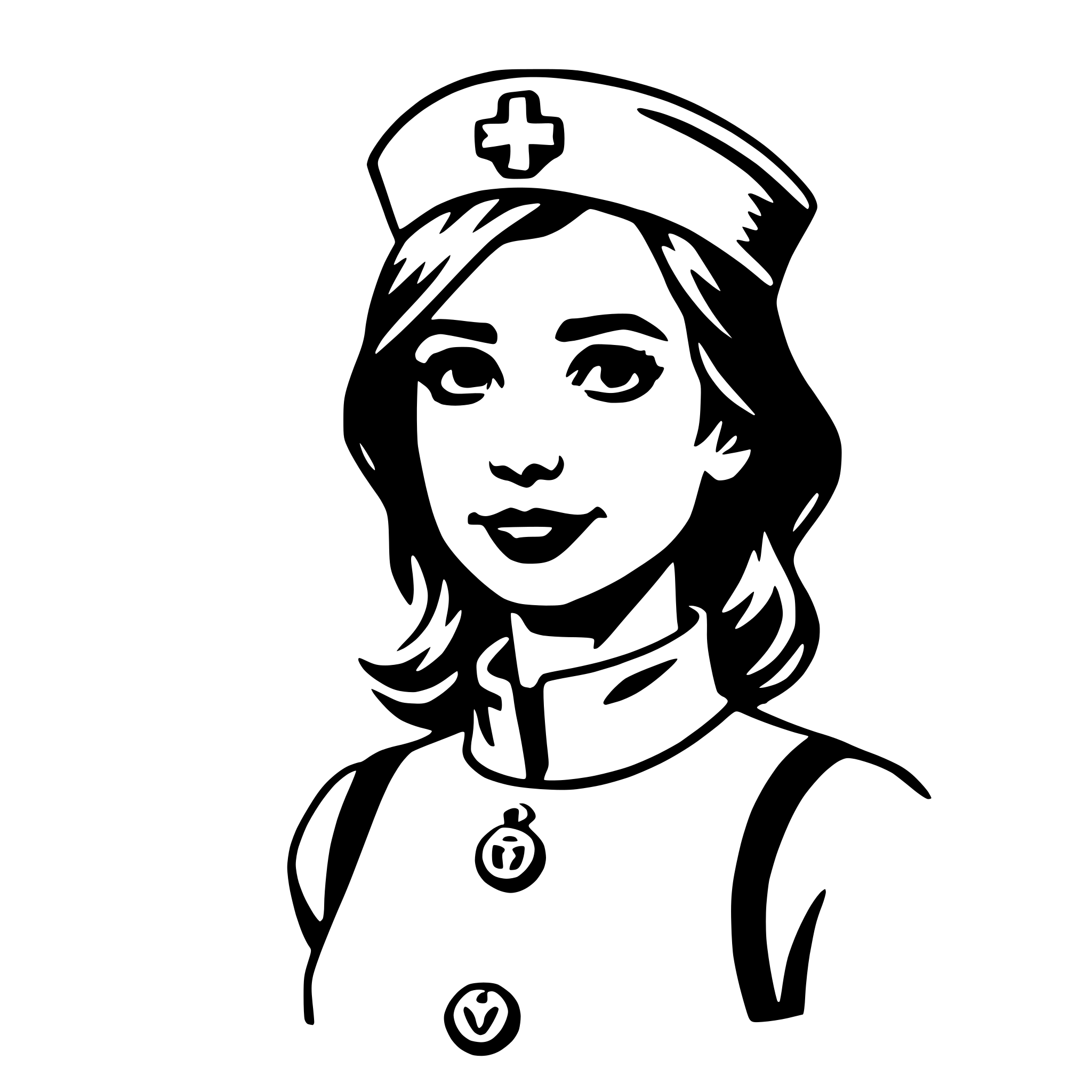 The SVG depicts a stylized illustration of a person wearing a nurse's uniform. The individual has short hair, a round face, and is wearing a white nurse's cap with a red cross symbol on the front. The uniform consists of a white blouse with a high collar and a black tie, and a white apron with black buttons. The person is smiling and looking directly at the viewer. The illustration is simple and uses solid lines and flat colors, with no shading or gradients. 