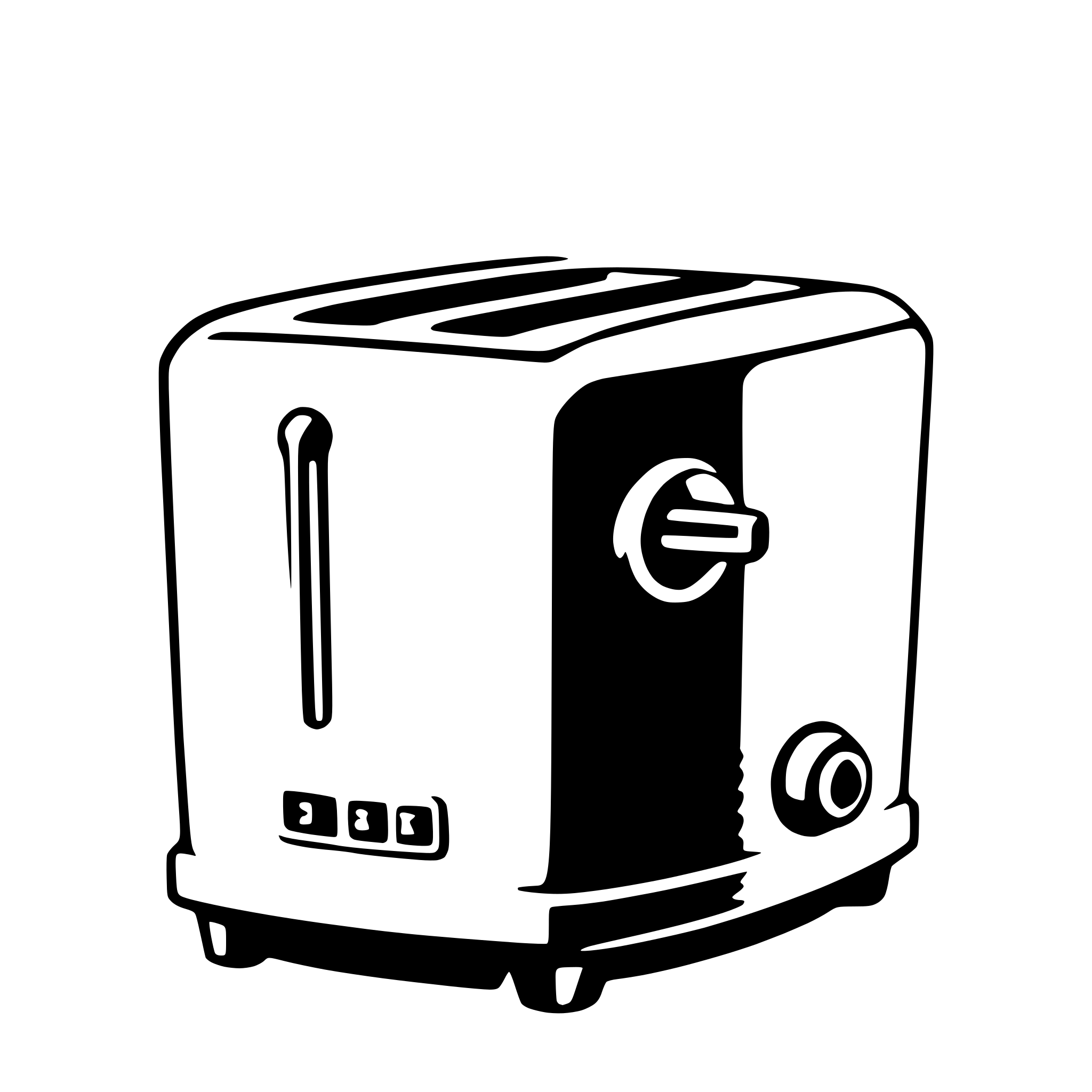 The SVG shows a simple, stylized illustration of a toaster. The toaster has a white body with black outlines, and it features a lever on the top, a slot on the front for inserting bread, and a handle on the front for opening the door. The toaster is depicted with a single slice of bread inserted into the slot. The SVG is minimalistic and does not include any additional details or background elements. 