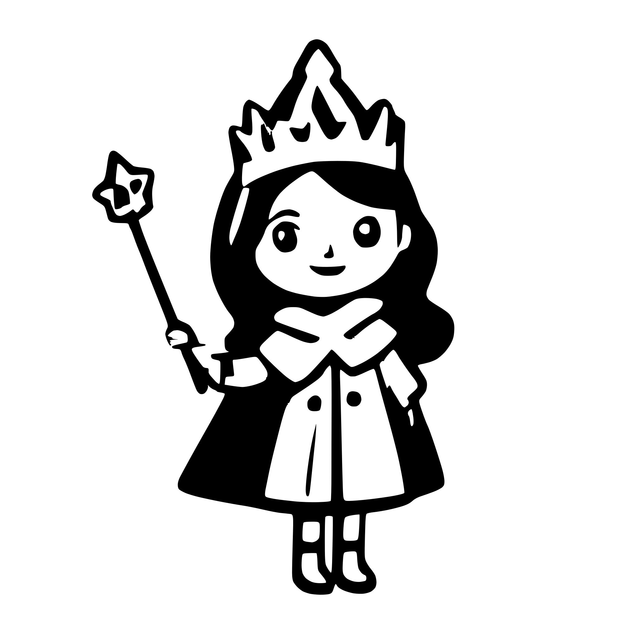 AI-generated SVG of a stick lady with black hair wearing a cape , waving a magic wand , and wearing a crown