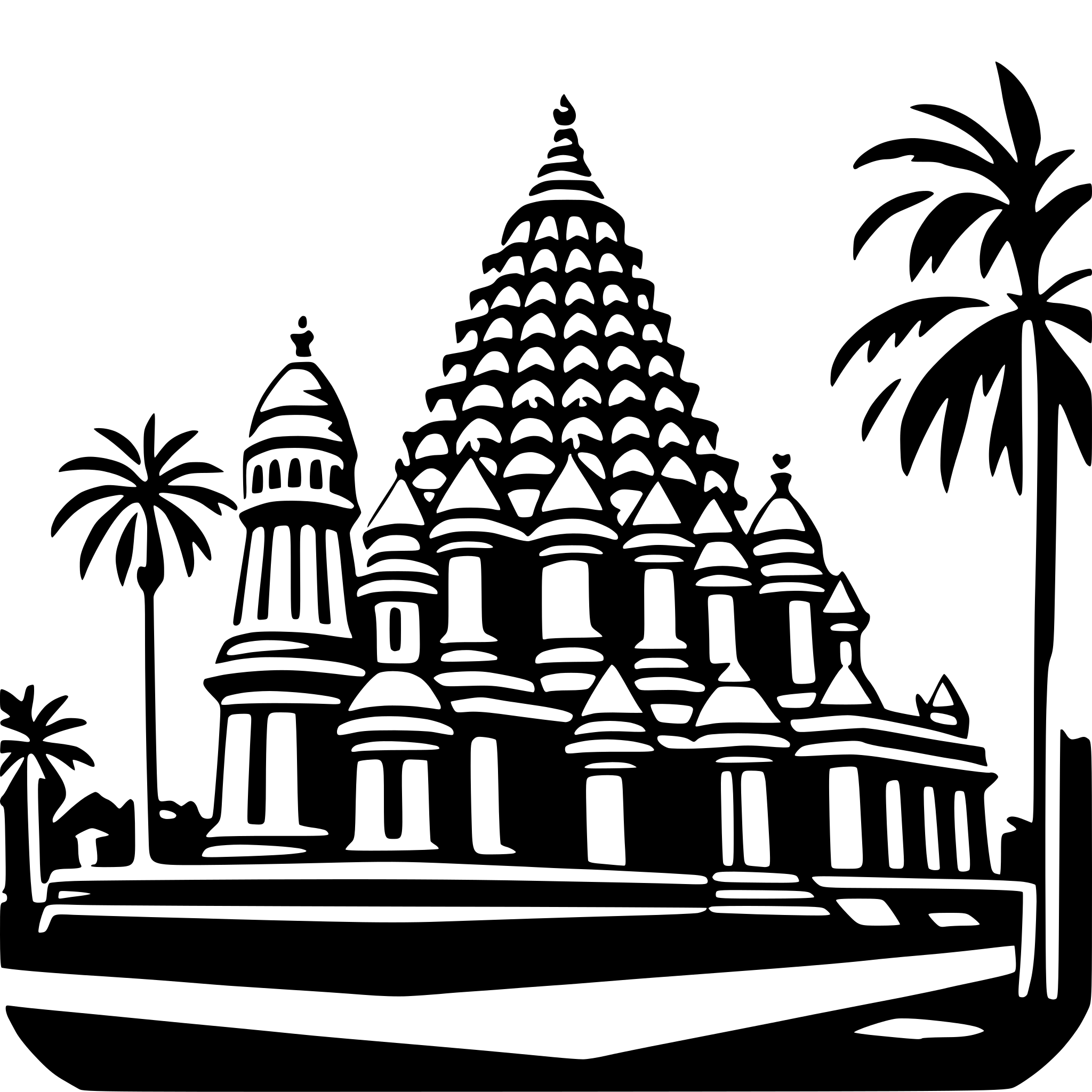 The SVG depicts a stylized, multi-tiered temple-like structure with a conical top, resembling a Hindu temple. The temple is surrounded by palm trees, suggesting a tropical location. The architecture is intricate, with multiple spires and decorative elements, indicating a place of cultural or religious significance. The temple is the central focus of the SVG, with the palm trees framing it on either side. The overall style is simplistic and graphic, with clean lines and a lack of detail that is typical of vector illustrations. 