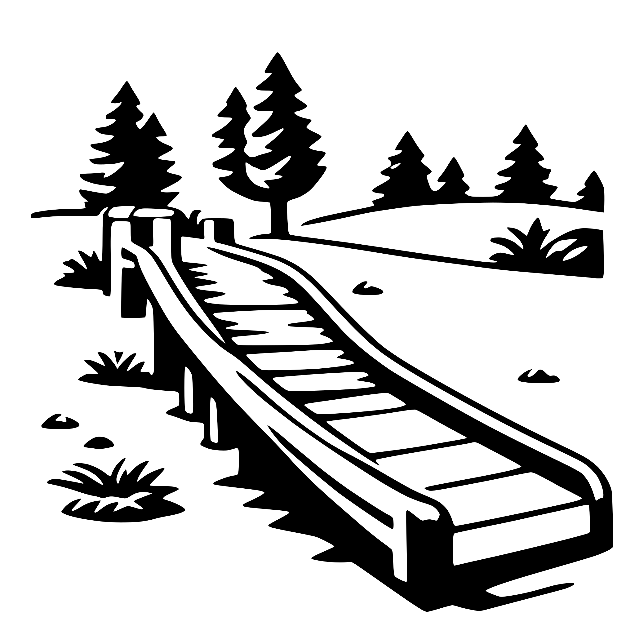 The SVG depicts a simple, stylized scene. There is a path that appears to be a set of stairs or a ramp, leading up to a small, silhouetted structure that could be a cabin or a small building. The path is bordered by a few trees and shrubs, suggesting a natural setting. The trees are depicted with a minimalist design, with only the outline of their forms visible. The overall style is graphic and appears to be designed for a logo or a decorative element. The path and the structure are the main objects, and they are connected by the path, which leads from the foreground to the background of the SVG. 