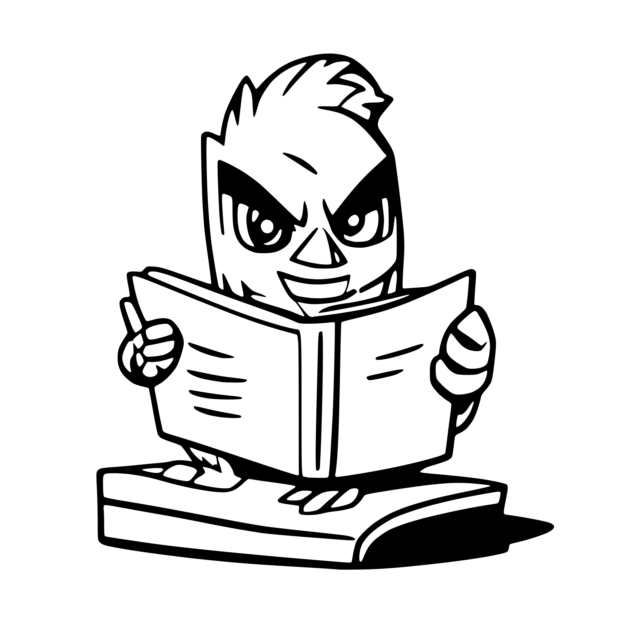 AI-generated SVG of a a cardinal mascot that is reading a book, black and white only, no hat, no clothes