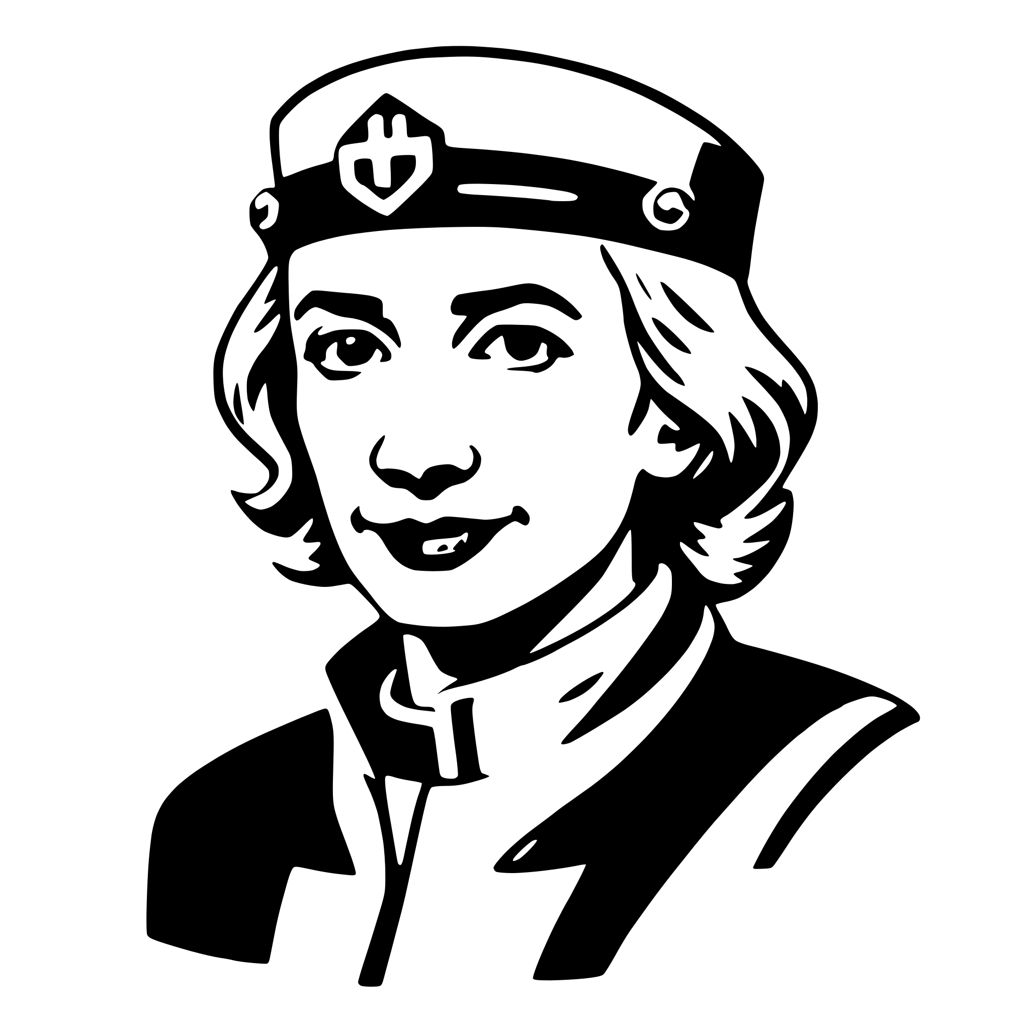 The SVG is a black and white vector illustration of a person. The individual is depicted with short hair, wearing a cap with a badge or emblem on the front. The person is smiling and appears to be looking directly at the viewer. The cap has a brim and a strap that goes around the head, and the badge on the cap has a circular shape with a design inside. The person is wearing a dark jacket with a high collar, and the jacket has a zipper that runs down the front. The illustration is stylized with clean lines and solid fills, typical of vector graphics. 