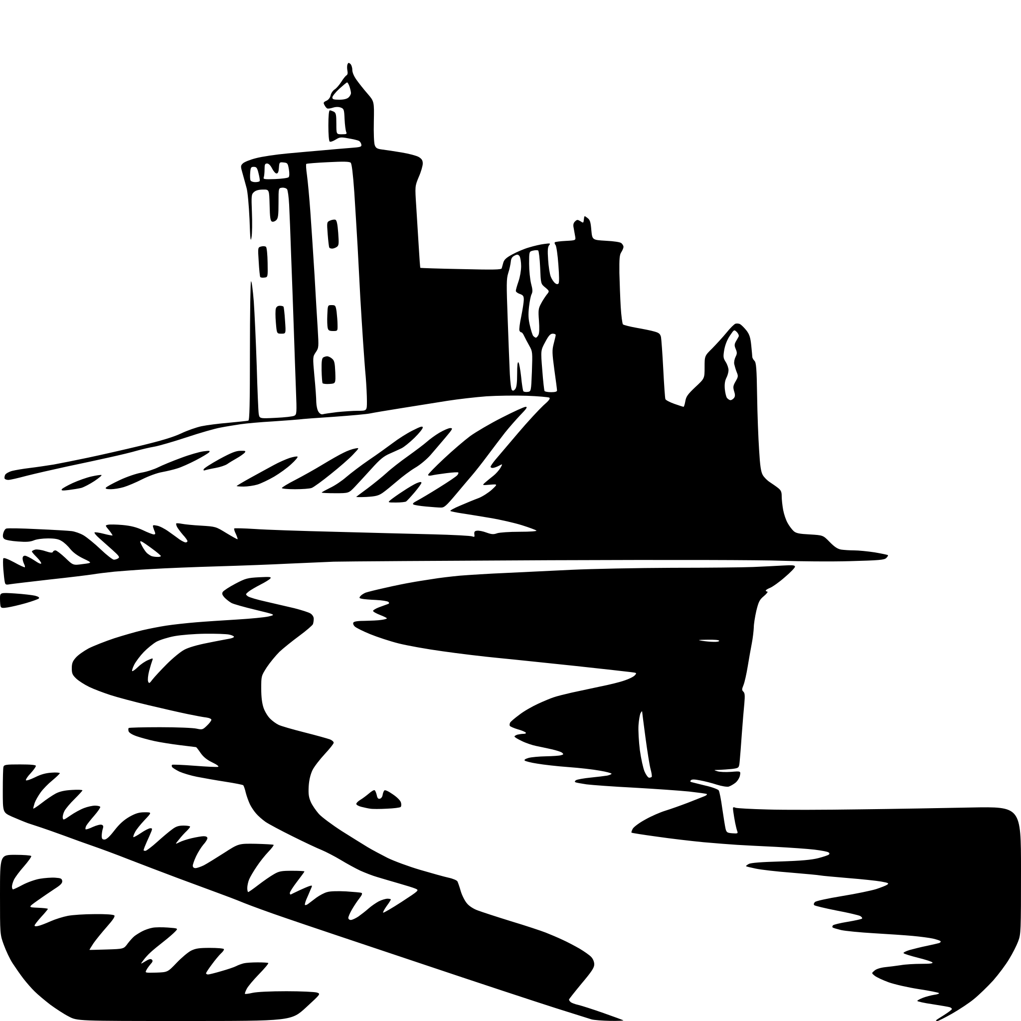 The SVG depicts a stylized, silhouetted landscape. The main objects are a castle, a body of water, and a hill. The castle is situated on the hill, overlooking the water. The water appears to be flowing, with ripples and waves, suggesting movement. The hill and the water are interconnected, with the water reflecting the castle and the hill. The overall composition creates a sense of tranquility and grandeur. 