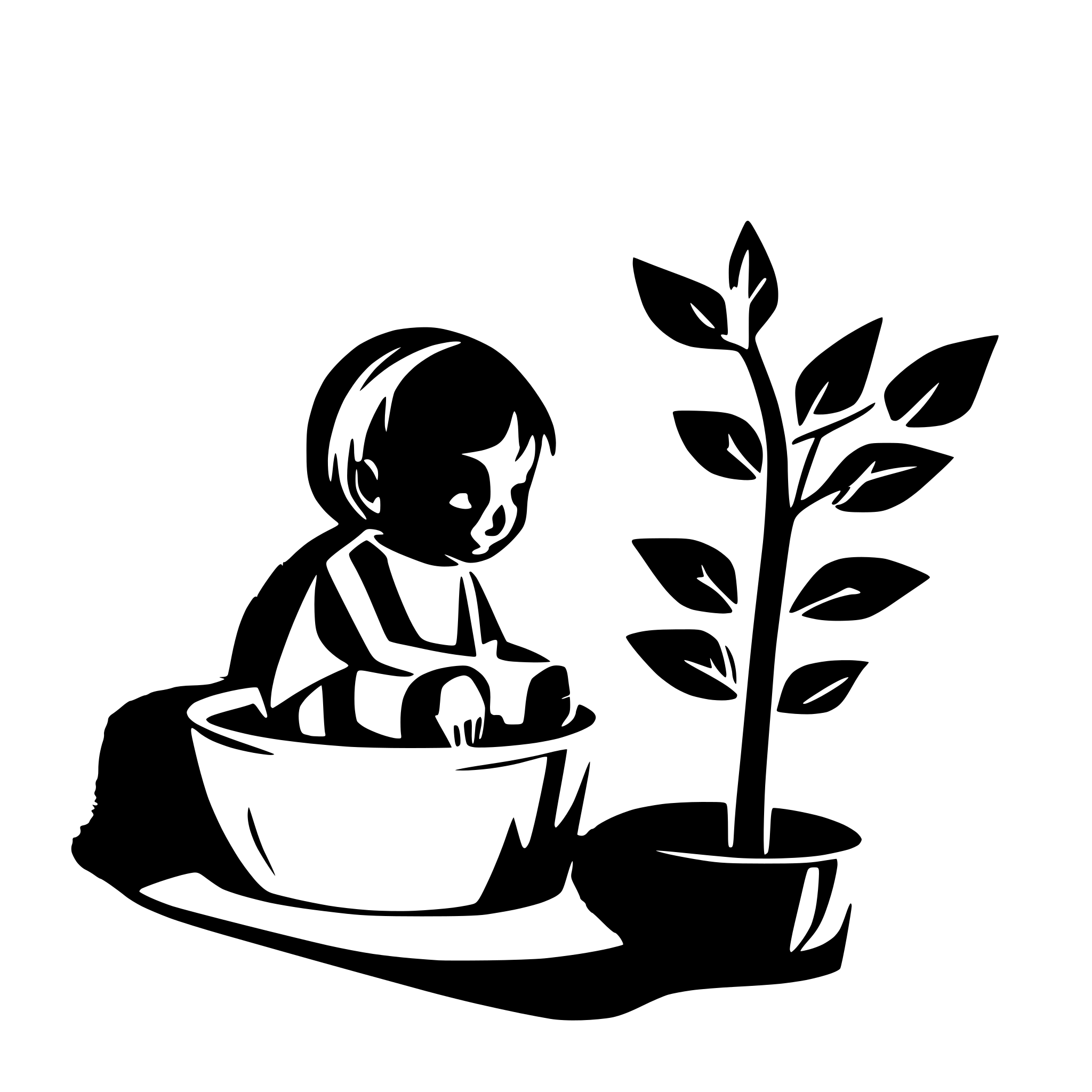 AI-generated SVG of a fat buddha kid sitting under a flower in a flower pot