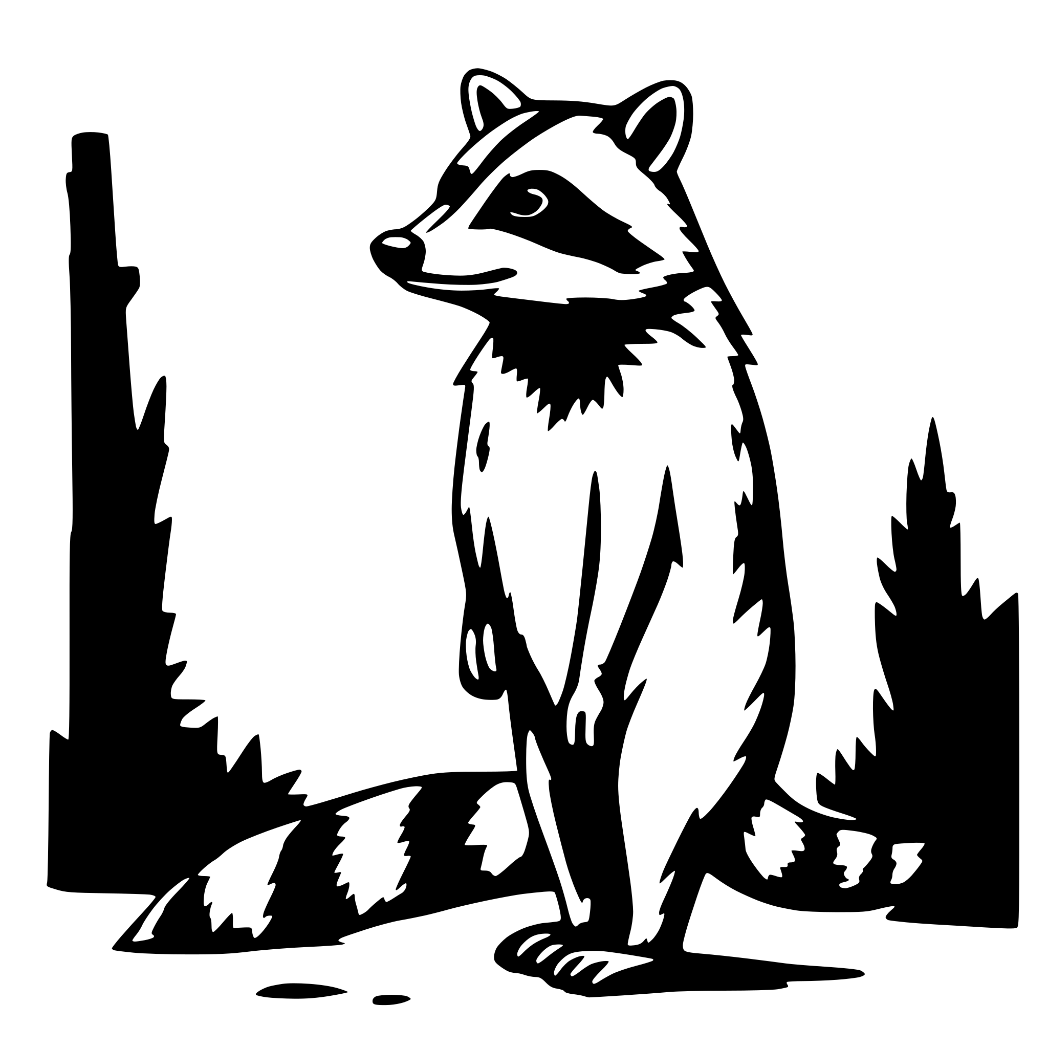 AI-generated SVG of a 2D outline of a racoon standing, right profile, simple