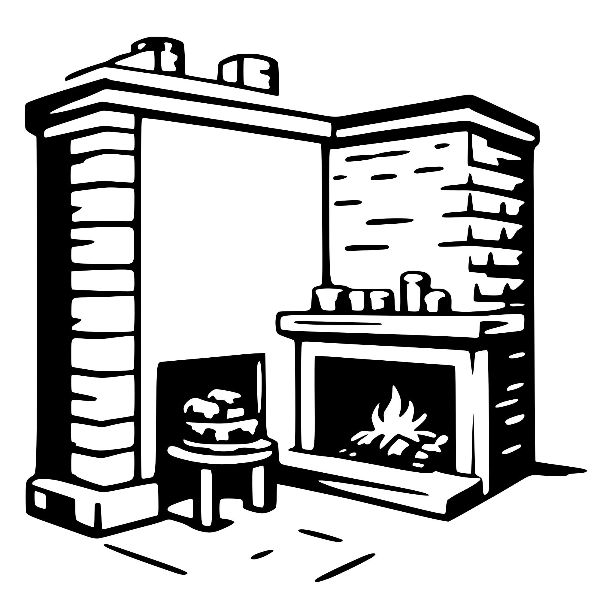The SVG depicts a simple, stylized fireplace with a chimney. The fireplace has a stone or brick facade with a mantel on top, and there are three items on the mantel: what appears to be a vase or container on the left, a candle in the center, and another vase or container on the right. Below the fireplace, there is a small table with a single item on it, which could be a book or a small decorative object. The fireplace has a fire burning inside, and there is a small amount of smoke or steam rising from the fire. The SVG is drawn in a line art style, with no shading or coloring, and it is presented in a monochrome format. 