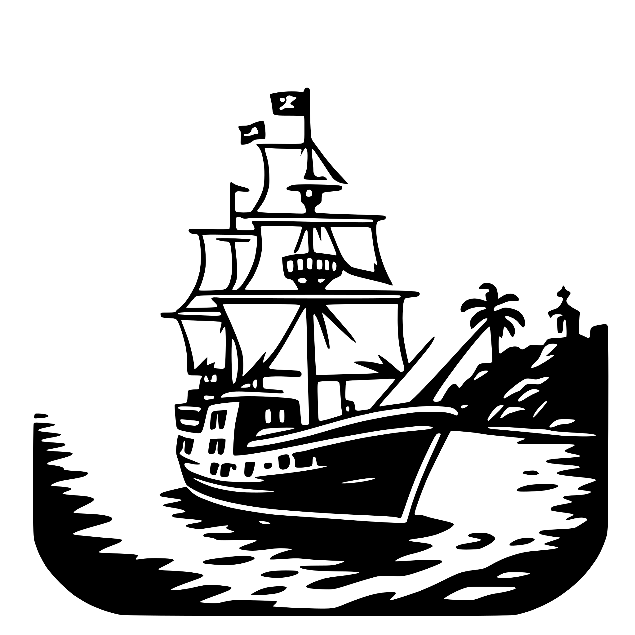 The SVG depicts a stylized black and white illustration of a sailing ship on the water. The ship is the central focus, with its sails fully unfurled, indicating that it is in motion. The ship is surrounded by water, which is depicted with ripples and waves, suggesting movement and the ship's interaction with the water. In the background, there is a small island or landmass with a single palm tree, adding to the nautical theme of the SVG. The ship is positioned in the foreground, with the island in the background, creating a sense of depth and perspective. The SVG does not contain any text or additional objects that interact with the ship or the water. The style of the illustration is simple and graphic, with clean lines and a limited color palette. 