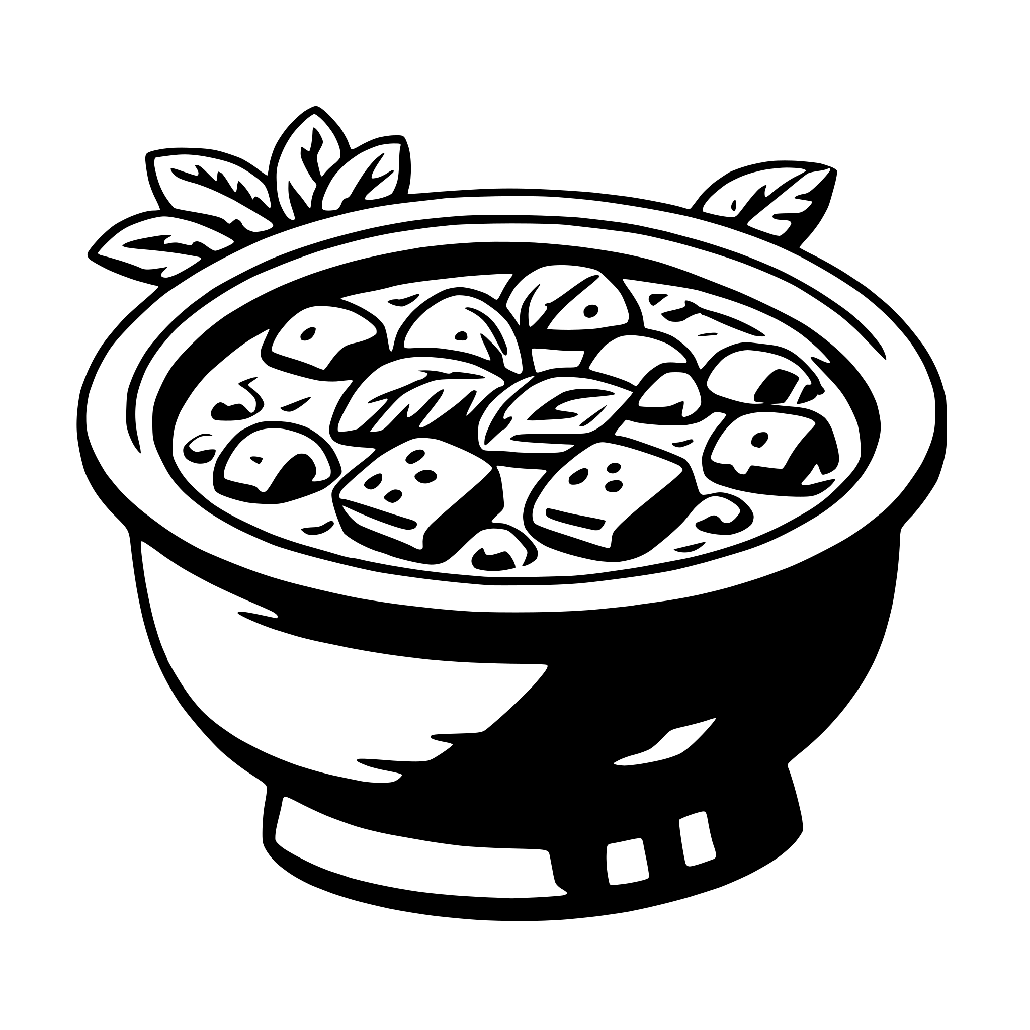 The SVG depicts a bowl of soup with various ingredients. The bowl is round with a handle on one side, and it is filled with a liquid that appears to be soup. Floating on top of the soup are several pieces of what look like tofu, which are cubed and have a smooth, white surface. There are also green leaves, possibly herbs, scattered throughout the soup. The soup is garnished with a sprig of what could be a leafy herb, adding a touch of color and texture to the dish. The overall impression is of a simple, home-cooked meal. 