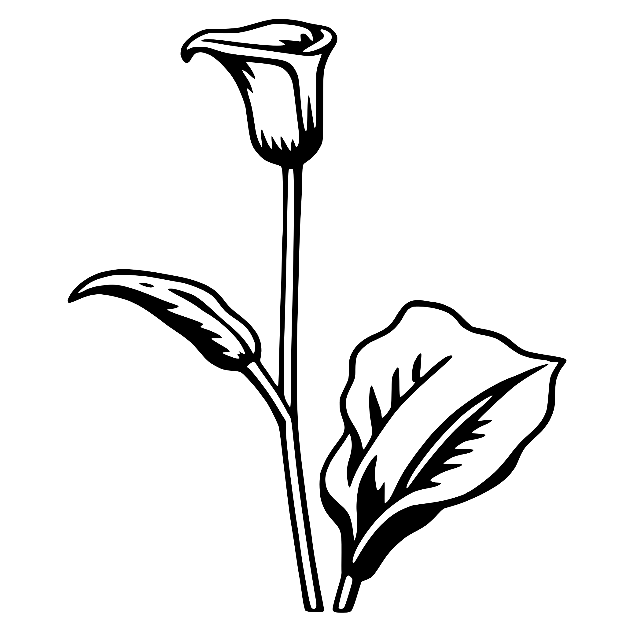The SVG shows a stylized black and white illustration of a flower with a stem and two leaves. The flower has a single petal that is elongated and tapered at the end, while the stem is thin and straight. The leaves are oval-shaped with a serrated edge, and they are attached to the stem at different points. The illustration is simple and uses minimal lines to define the shapes of the flower, stem, and leaves. 