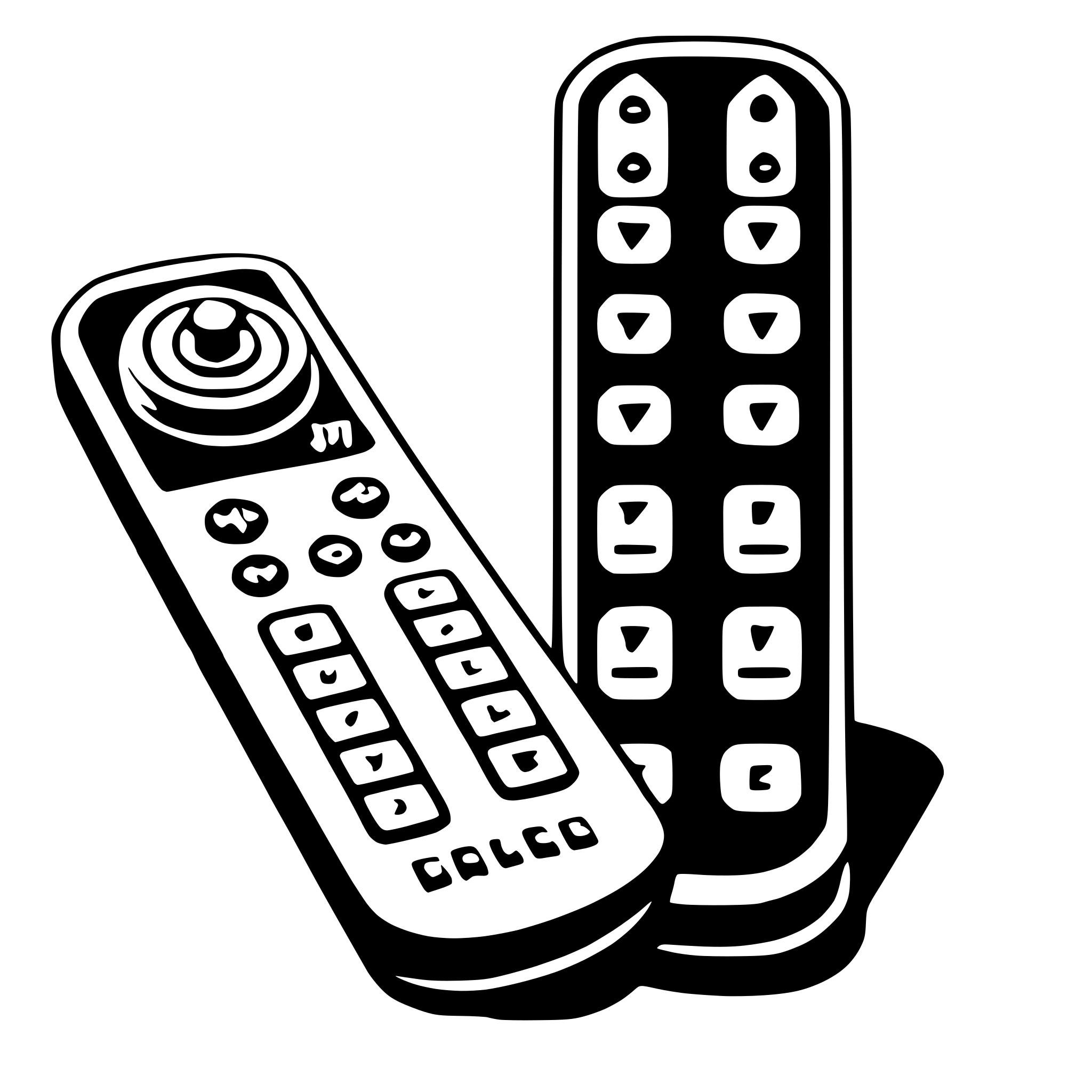 The SVG shows two remote controls placed side by side. The remote control on the left has a larger, more prominent design with a circular button at the top and a grid of buttons below it. The remote control on the right is smaller and has a more rectangular shape, with a similar grid of buttons. The two remotes are depicted in a simplified, stylized manner with minimal detail, using a limited color palette. There is no interaction between the two remotes as they are stationary and not in use. 