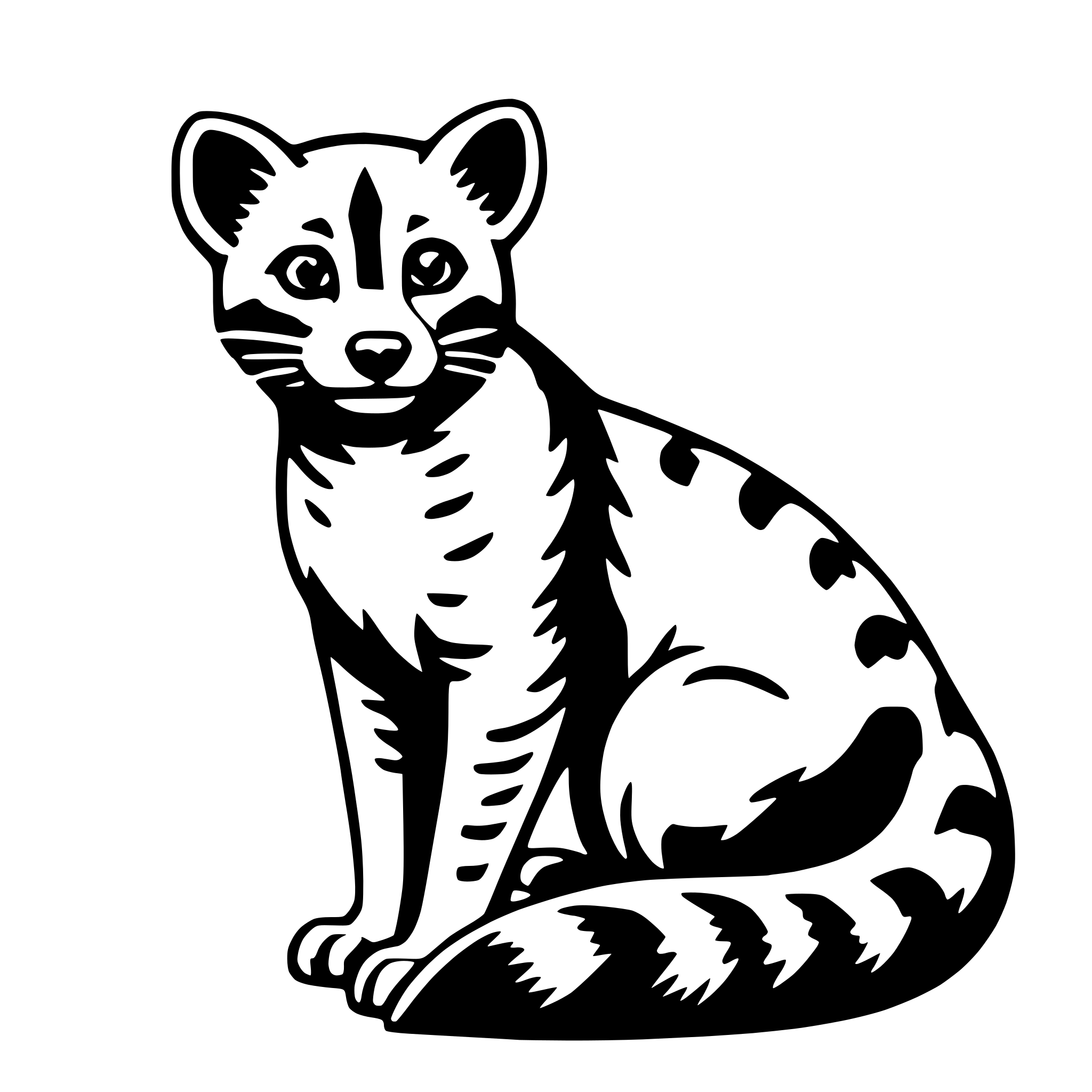 The SVG depicts a stylized, cartoon-like depiction of a lynx. The lynx is sitting upright with its front paws extended forward and its hind legs tucked under its body. It has a round head with pointed ears, and its eyes are wide open, giving it a curious or alert expression. The lynx's fur is patterned with dark stripes, and it has a distinctive ruff around its neck. The SVG is simple and uses solid colors without any shading or gradients, which is typical for vector graphics. 