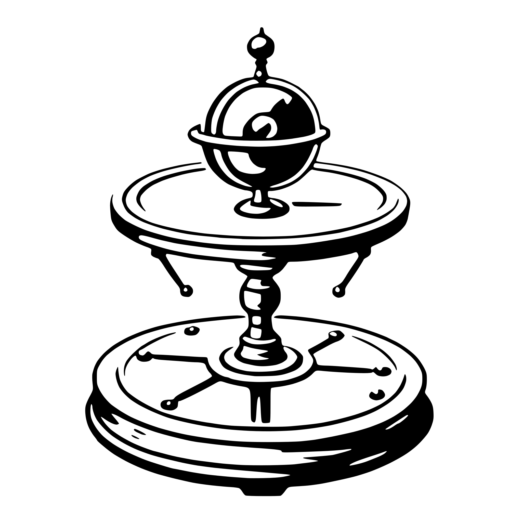 The SVG depicts a three-tiered stand with a globe on top. The stand has a circular base, a middle tier that is slightly smaller, and a top tier that is the smallest. The globe is mounted on a central stand that connects the three tiers. The stand has a decorative design with ornamental details and a series of small circles that could represent stars or a celestial theme. The globe itself is spherical with latitude and longitude lines, indicating a representation of Earth. The overall style of the SVG is reminiscent of a classic globe stand, often used for decorative purposes or as a functional piece for displaying maps or globes. 