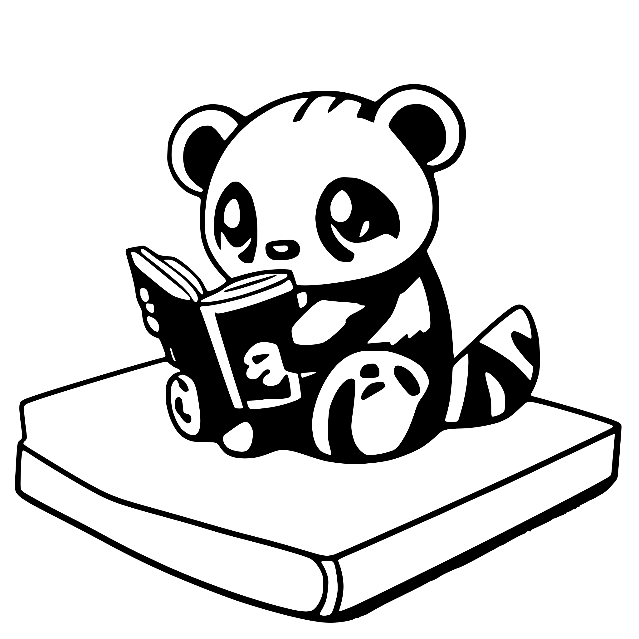 AI-generated SVG of a A giant panda, sitting in a chair, flipping through a thick book