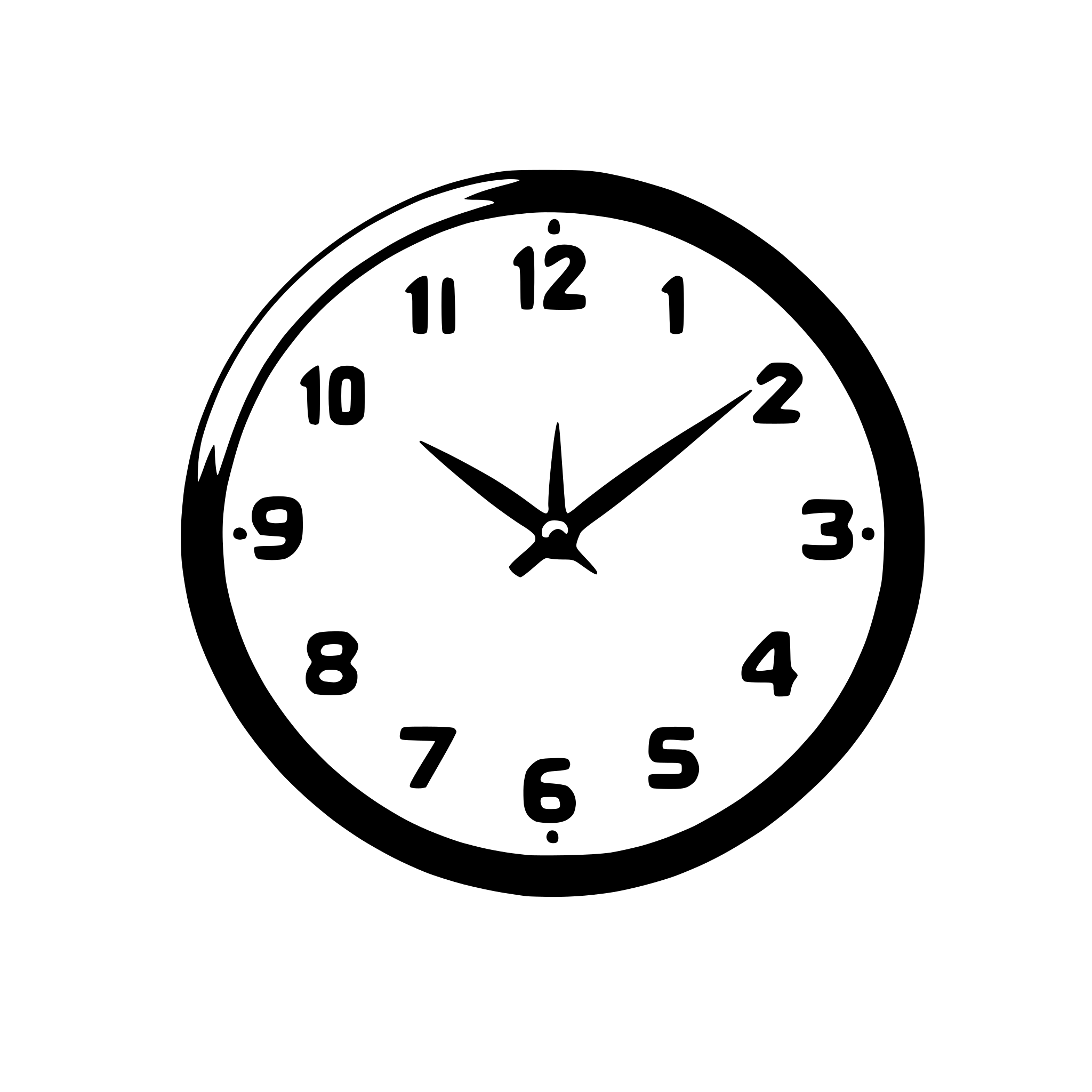 The SVG shows a simple, black and white clock face with Roman numerals for the hours. The clock hands are also black, indicating the time. The numbers are arranged in a circular pattern, with the 12 at the top, and the numbers decrease in size as they move towards the bottom of the clock. The hour hand is pointing towards the 10, and the minute hand is pointing towards the 2. The clock has a classic design with a simple, unadorned appearance. 