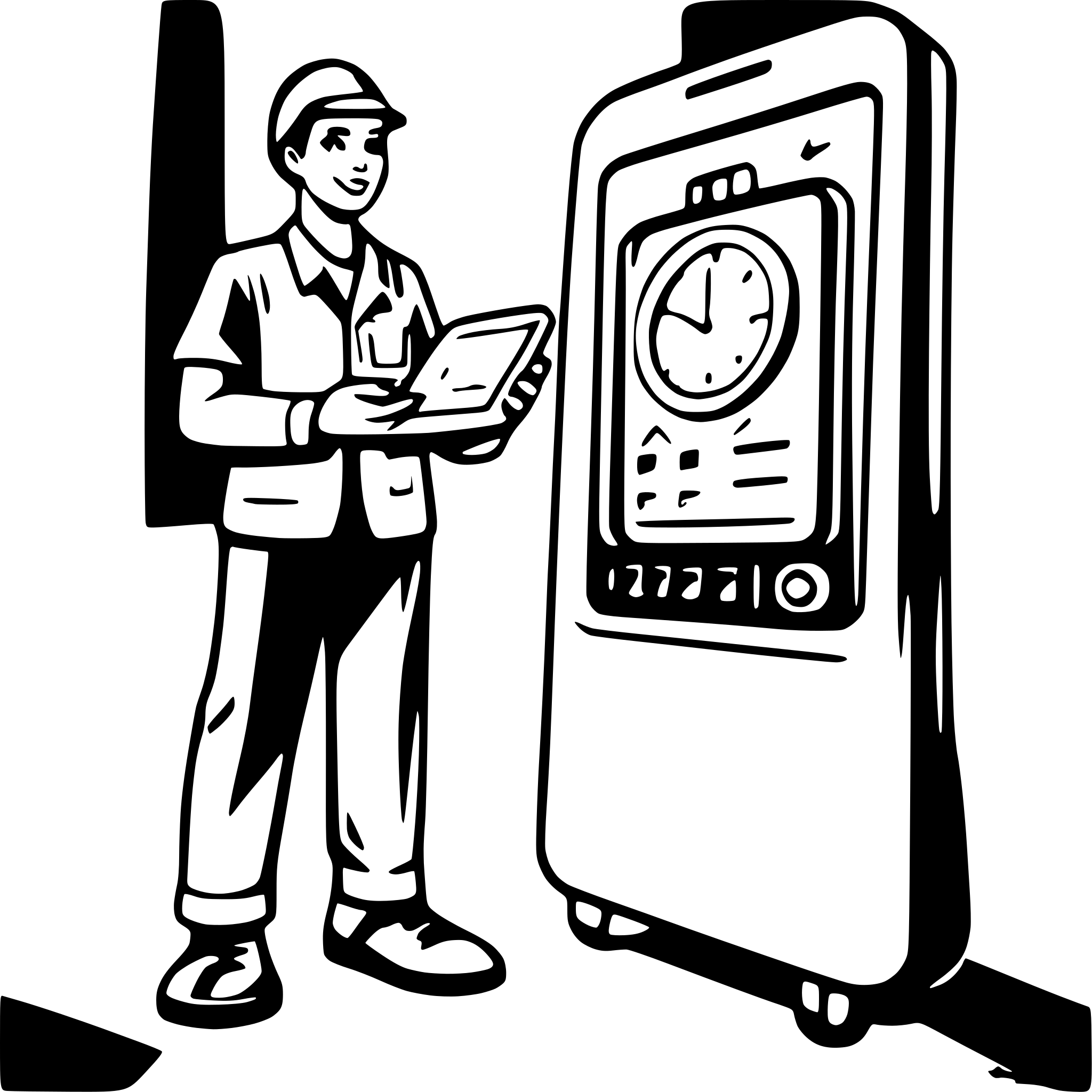 AI-generated SVG of a Color illustration of a productive maintenance professional standing with mobile screen with time tracking app on it.