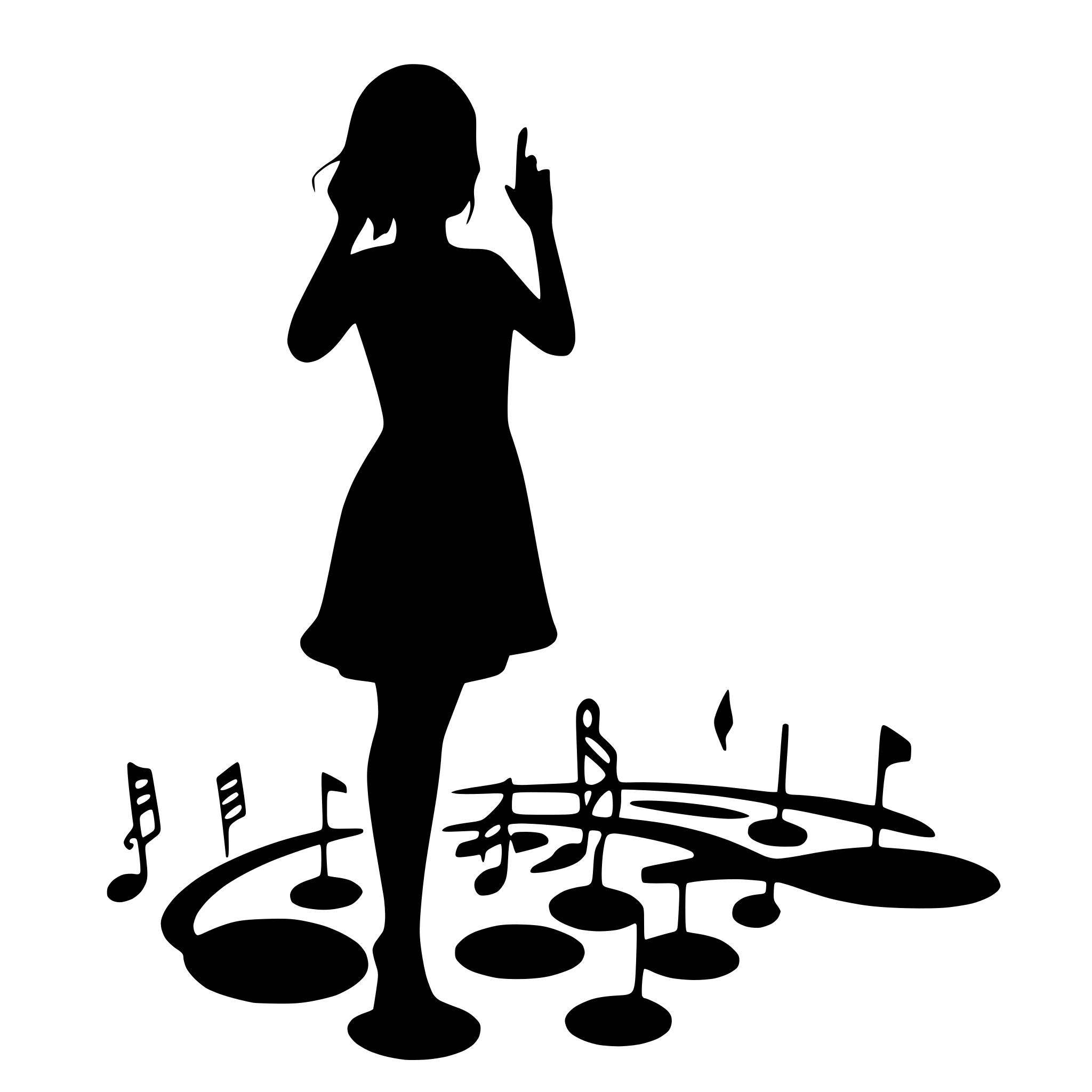 AI-generated SVG of a create a vector image with not too many details, monocrom. a girl with short hair surrounded by floating music notes and sound waves. Sihlouette