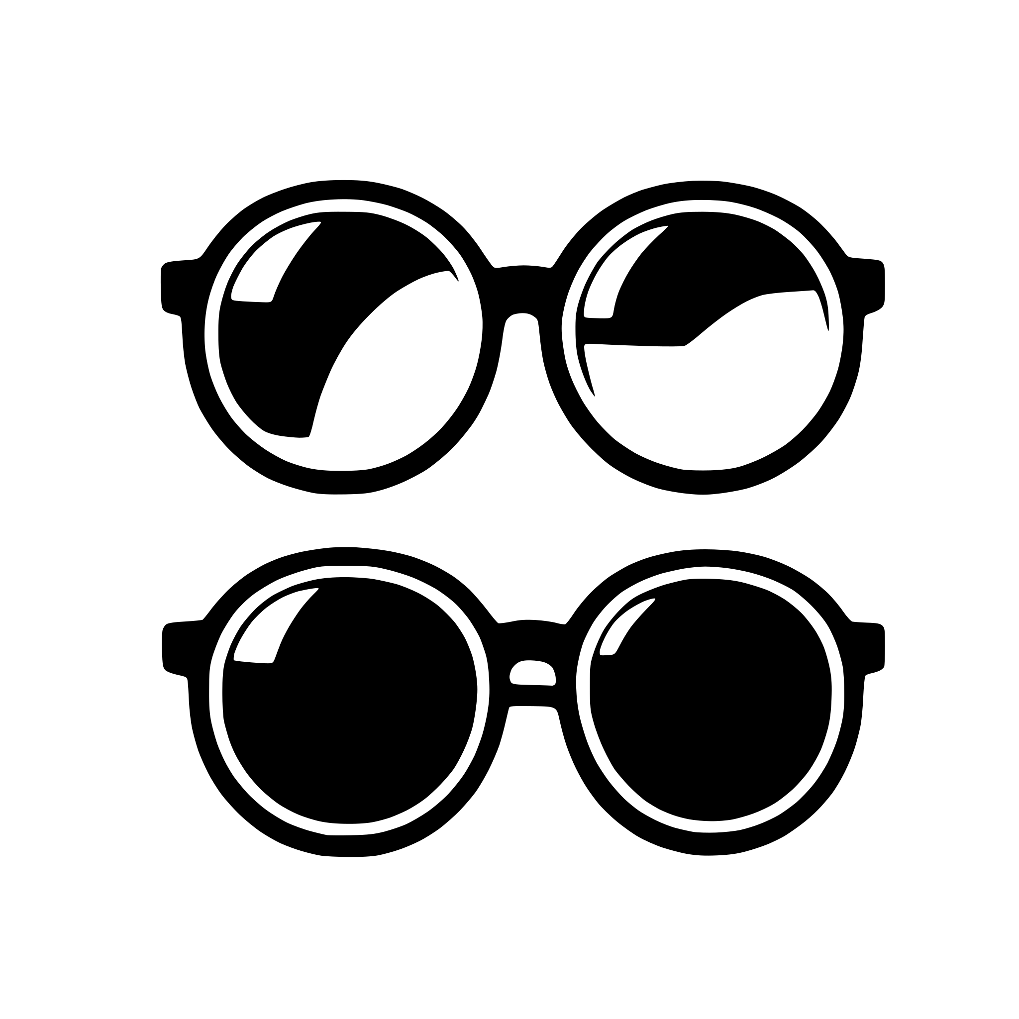 The SVG shows two pairs of sunglasses, each with a different design. The sunglasses on the left have a round frame with a darker center, while the sunglasses on the right have an oval frame with a lighter center. Both pairs have a black outline and appear to be facing the same direction, with the lenses turned towards the viewer. The sunglasses are presented in a simple, flat design, without any additional details or text. 