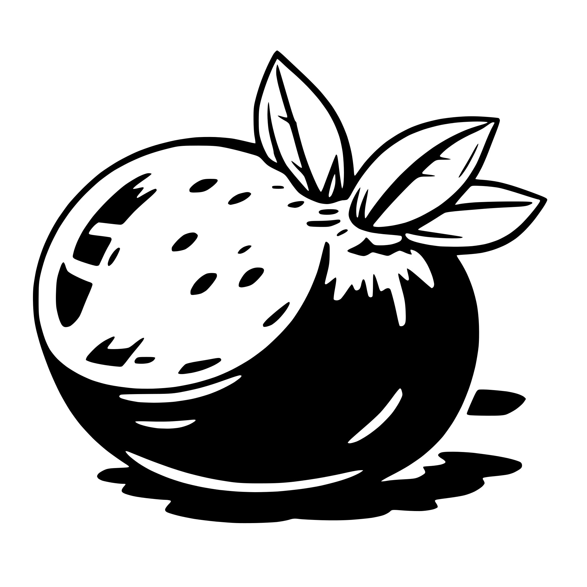 The SVG depicts a stylized, cartoon-like illustration of a fruit, which appears to be an apple or a similar round fruit with a stem. The fruit has a smooth surface with a pattern of small dots or spots, and it has a green stem with two leaves attached to it. The leaves are drawn in a simple, leaf-like shape with a pointed tip and a serrated edge. The fruit is positioned on a surface that casts a shadow beneath it, suggesting a light source from above. The overall style is minimalistic and uses solid colors without any gradients or shading, giving it a flat appearance. 