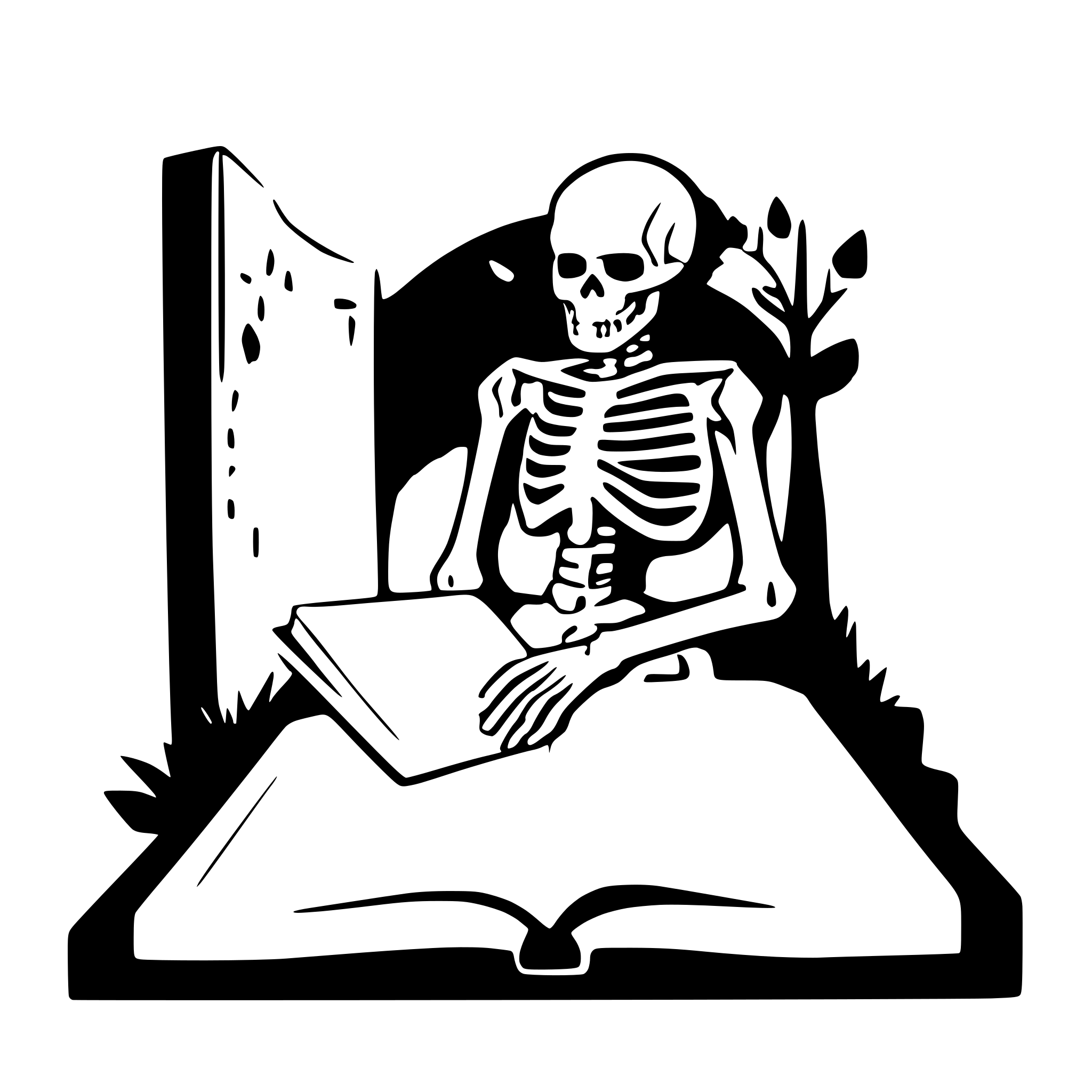 AI-generated SVG of a a skeleton on a cemetery reading a big book