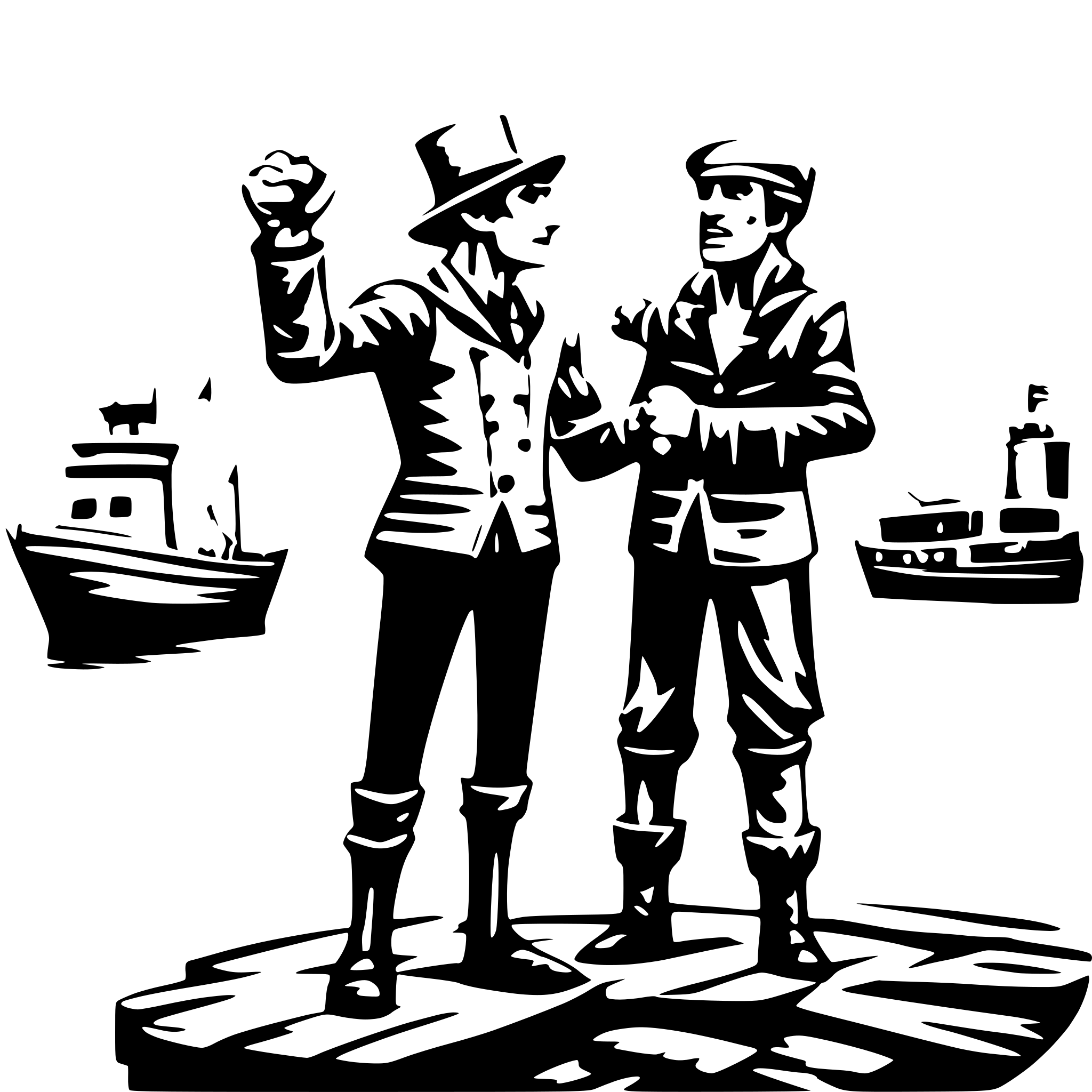 AI-generated SVG of 'Two burly men wearing hats, standing on a river dock and arguing over a small ship, each of them clenching their fists and claiming the ship as theirs, the ship is in full view, fun graffiti style'