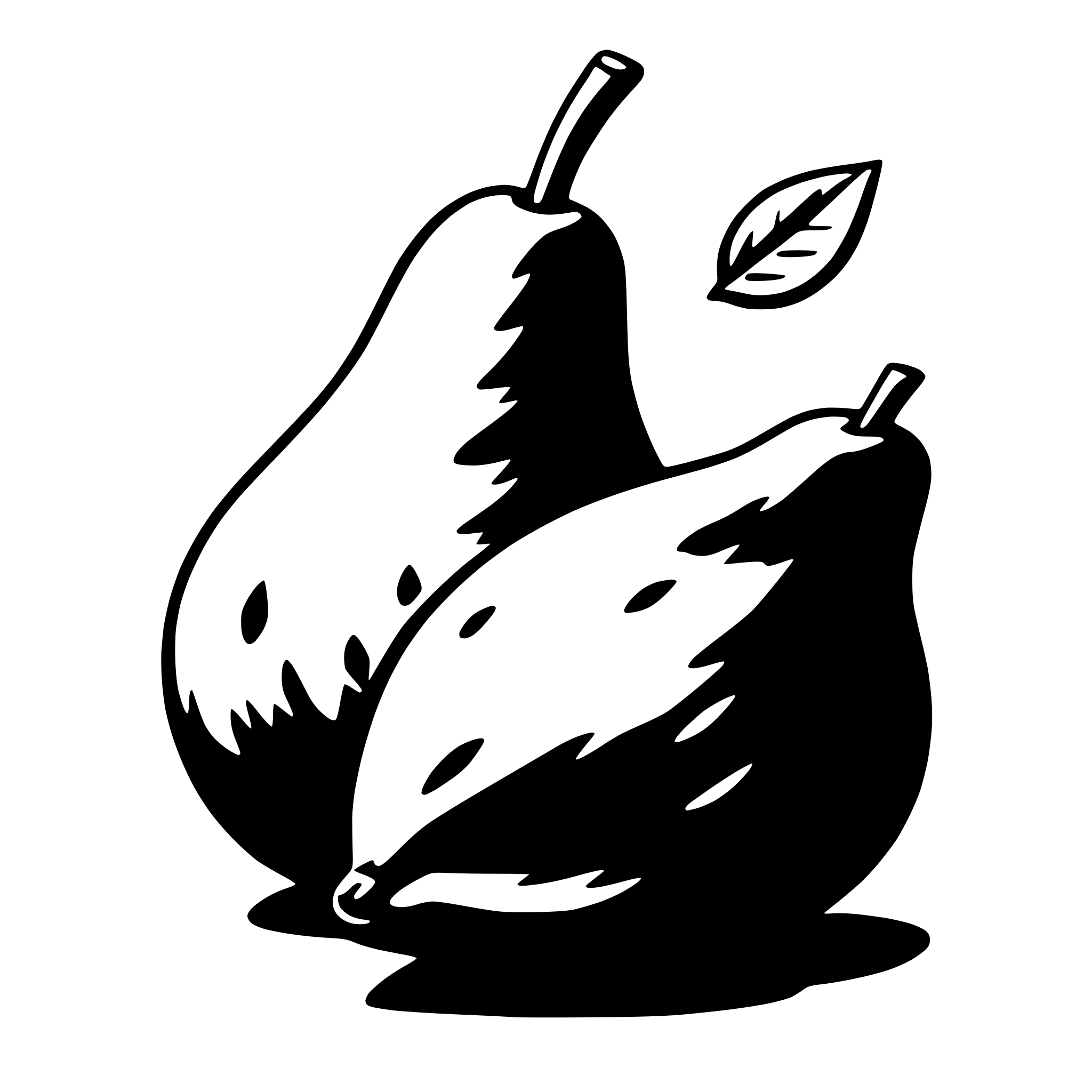 The SVG shows two pears with a leaf between them. The pears are depicted in a stylized manner with a simple outline, and the leaf is also outlined. The pears are positioned with their stems pointing upwards, and the leaf is placed between them, suggesting a connection or relationship between the pears. The SVG is a vector graphic, which means it can be scaled up or down without losing quality. 