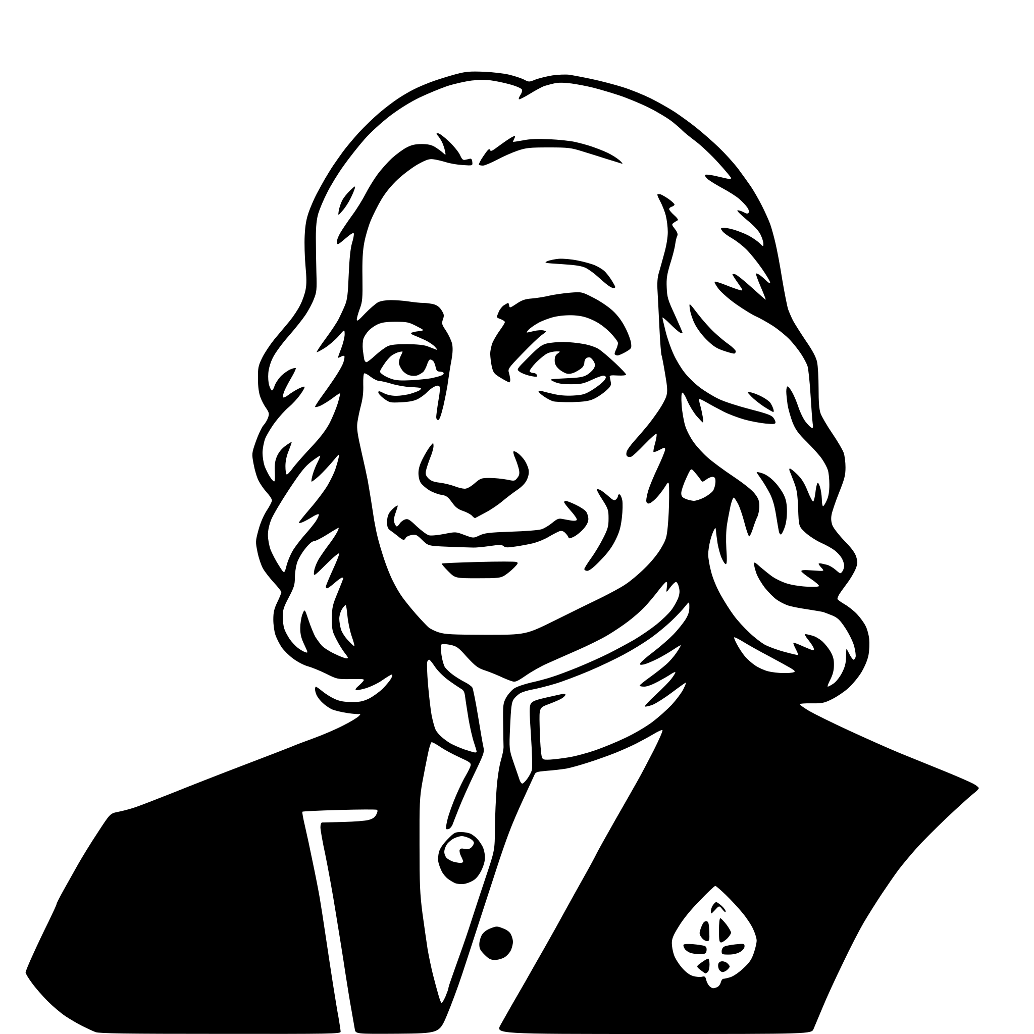 The SVG is a black and white vector illustration of a man's portrait. The man is depicted with a smiling expression, wearing a dark suit with a white shirt and a tie. His hair is styled in a wig that resembles a classic, voluminous style, and he has a mustache and goatee. The man is looking directly at the viewer, and the overall style of the SVG is formal and classic. 
