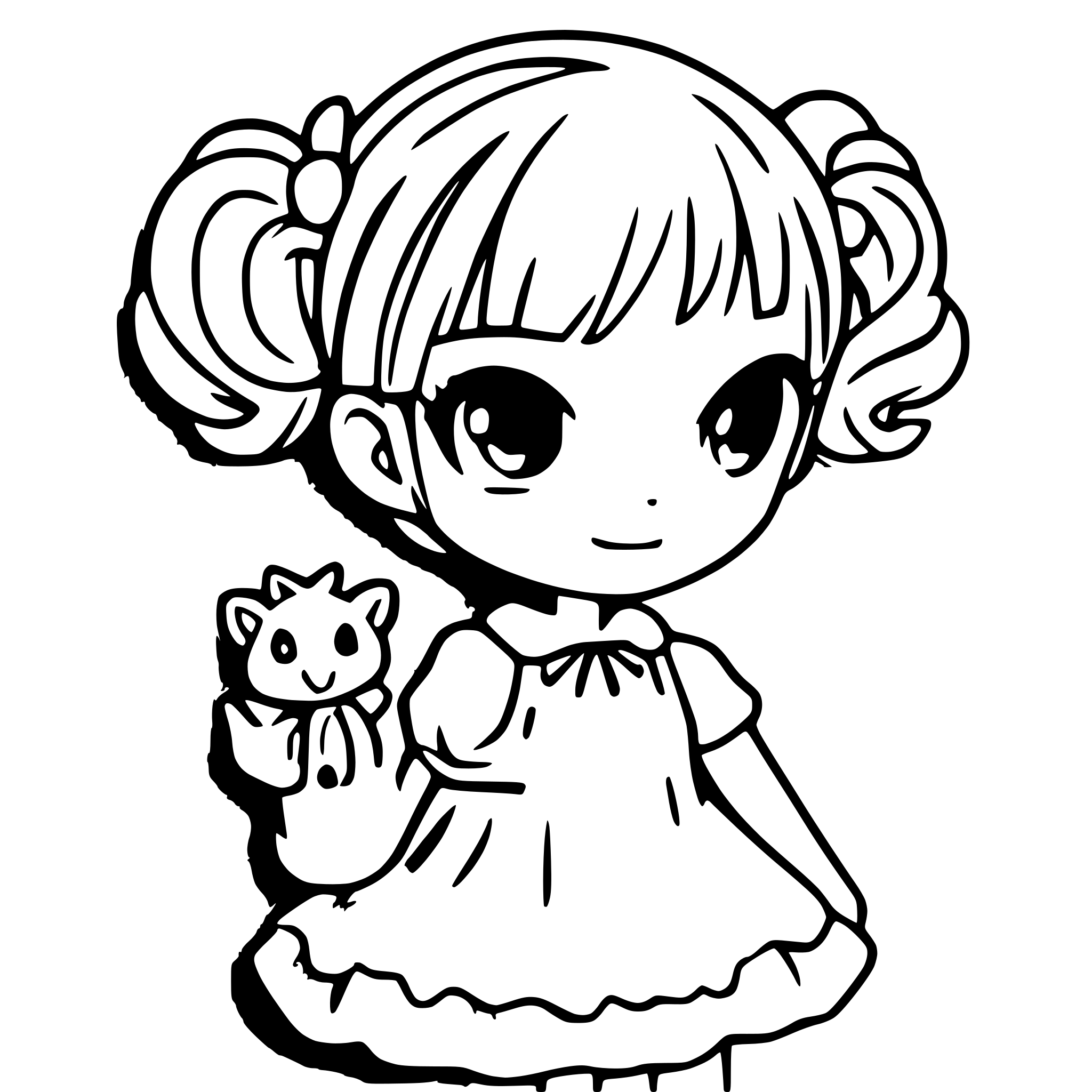 AI-generated SVG of a A cute chibi girl with big sparkling eyes and a cheerful smile, wearing a pastel-colored dress with frilly details. Her hair is a soft pink with lavender streaks, styled in two playful pigtails tied with ribbons. She’s holding a tiny stuffed animal in one hand and a lollipop in the other. The background is a dreamy, soft cloud-filled sky with a few stars twinkling around her. She has a joyful, innocent expression, radiating a sense of happiness and warmth