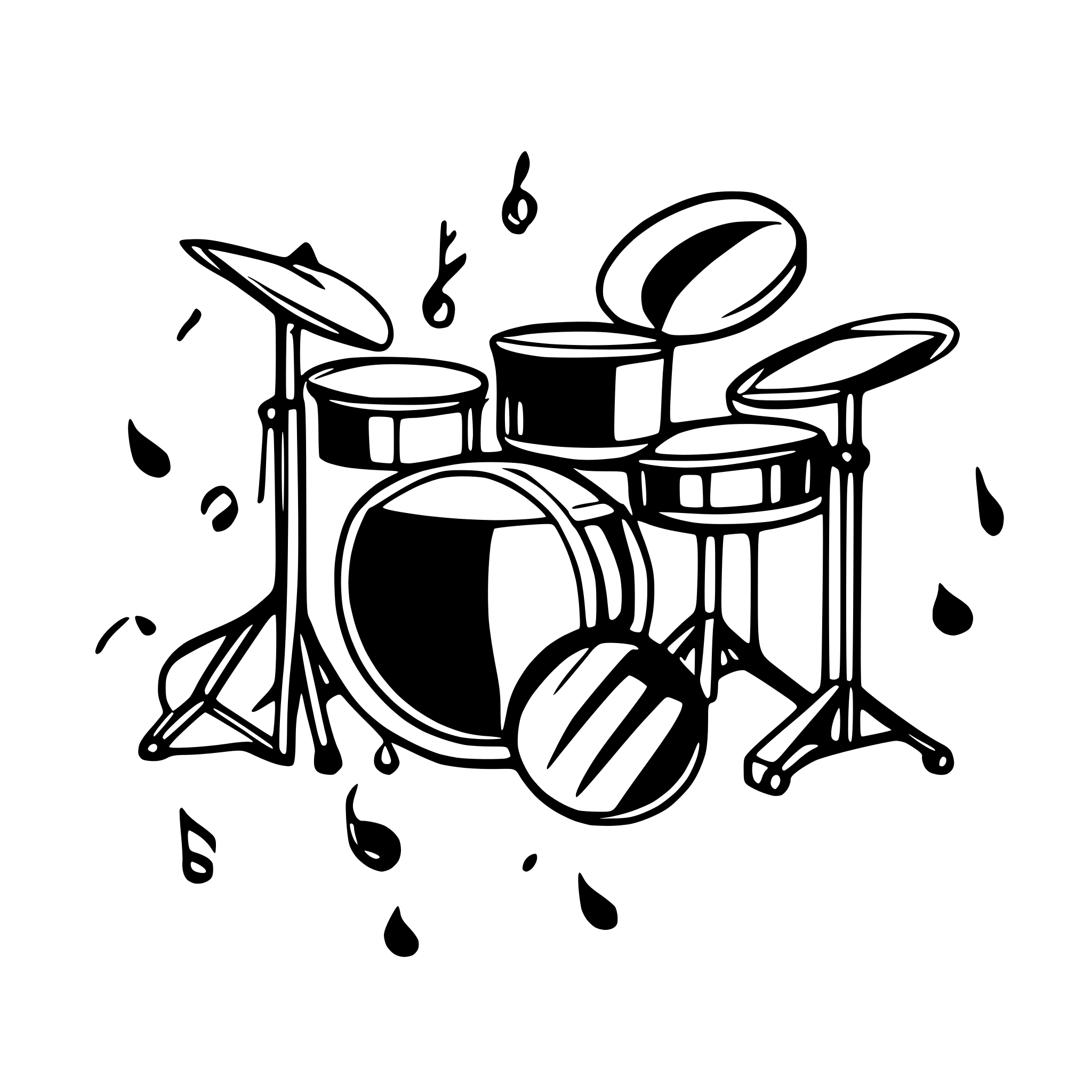 AI-generated SVG of a drums, musical notes, and dancing. black and white. AI-generated SVG of a drums, musical notes, and dancing. black and white.