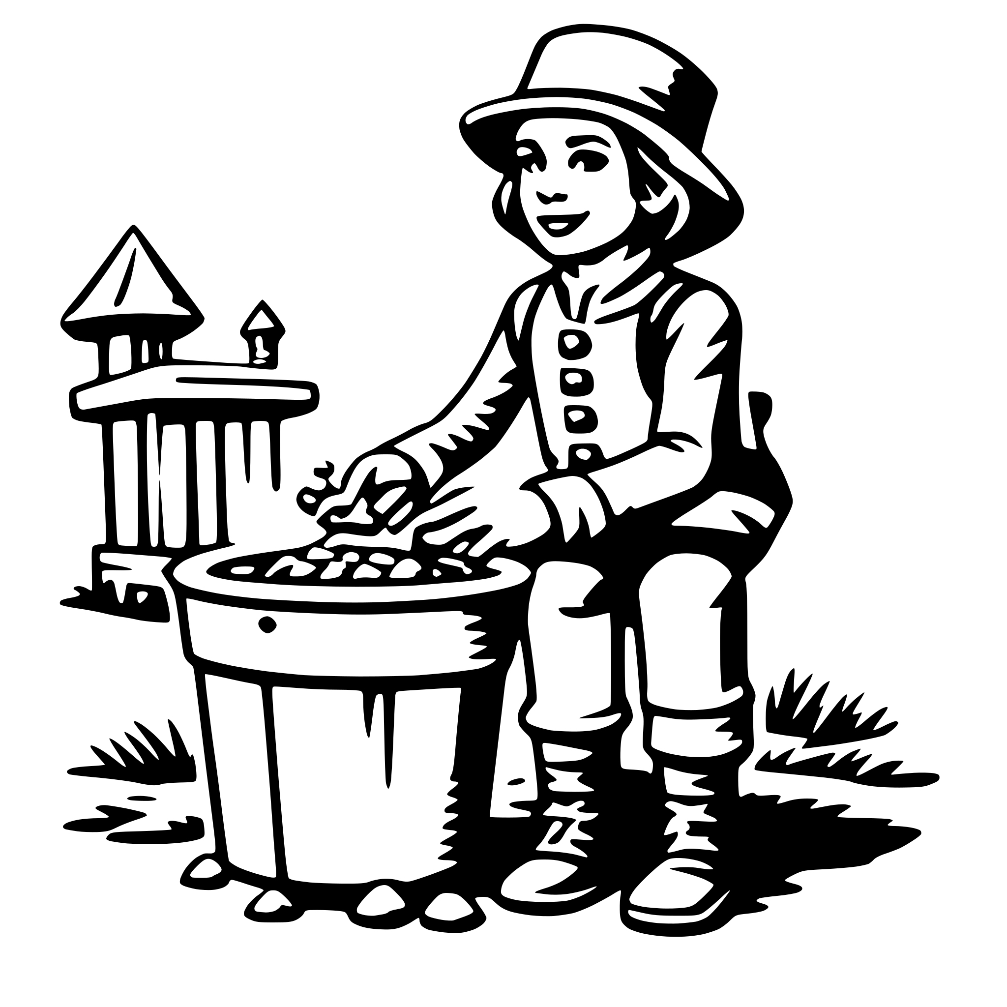 The SVG depicts a cartoon-style illustration of a child sitting next to a large pot. The child is wearing a wide-brimmed hat and a long-sleeved shirt with buttons, suggesting a historical or traditional outfit. The child appears to be engaged in some activity, possibly related to cooking or gardening, as indicated by the presence of a small plant and a watering can. The setting includes a simple wooden structure, possibly a small house or shed, and a patch of grass. The child's expression is one of concentration or enjoyment. 