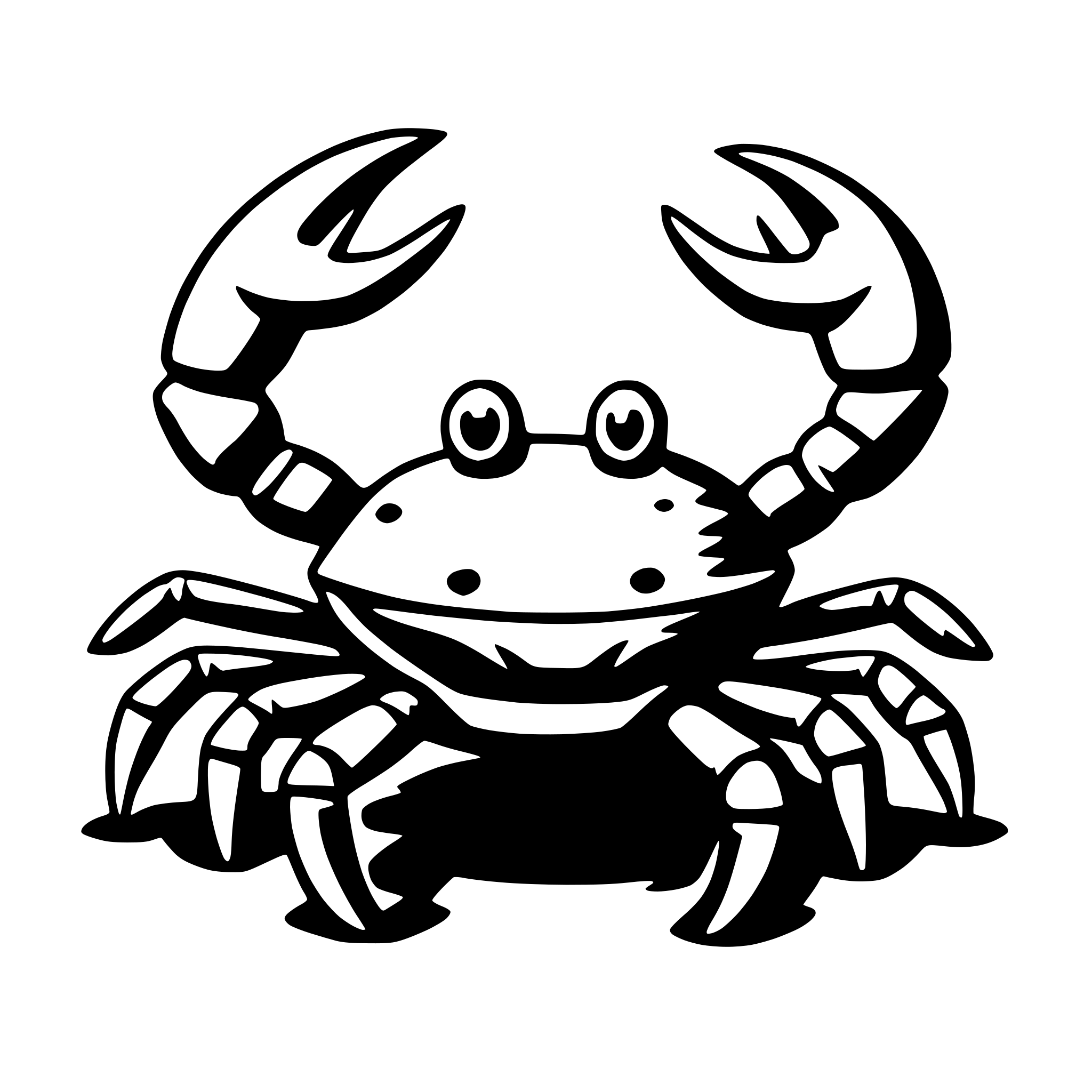 The SVG features a cartoon-style depiction of a crab. The crab has a large, smiling face with two eyes and a small mouth. It has two prominent claws in the front, and its body is shown with a pattern of dots. The crab is facing the viewer and appears to be in a relaxed or happy pose. The SVG is simple and uses solid lines and shapes to create the illustration. 