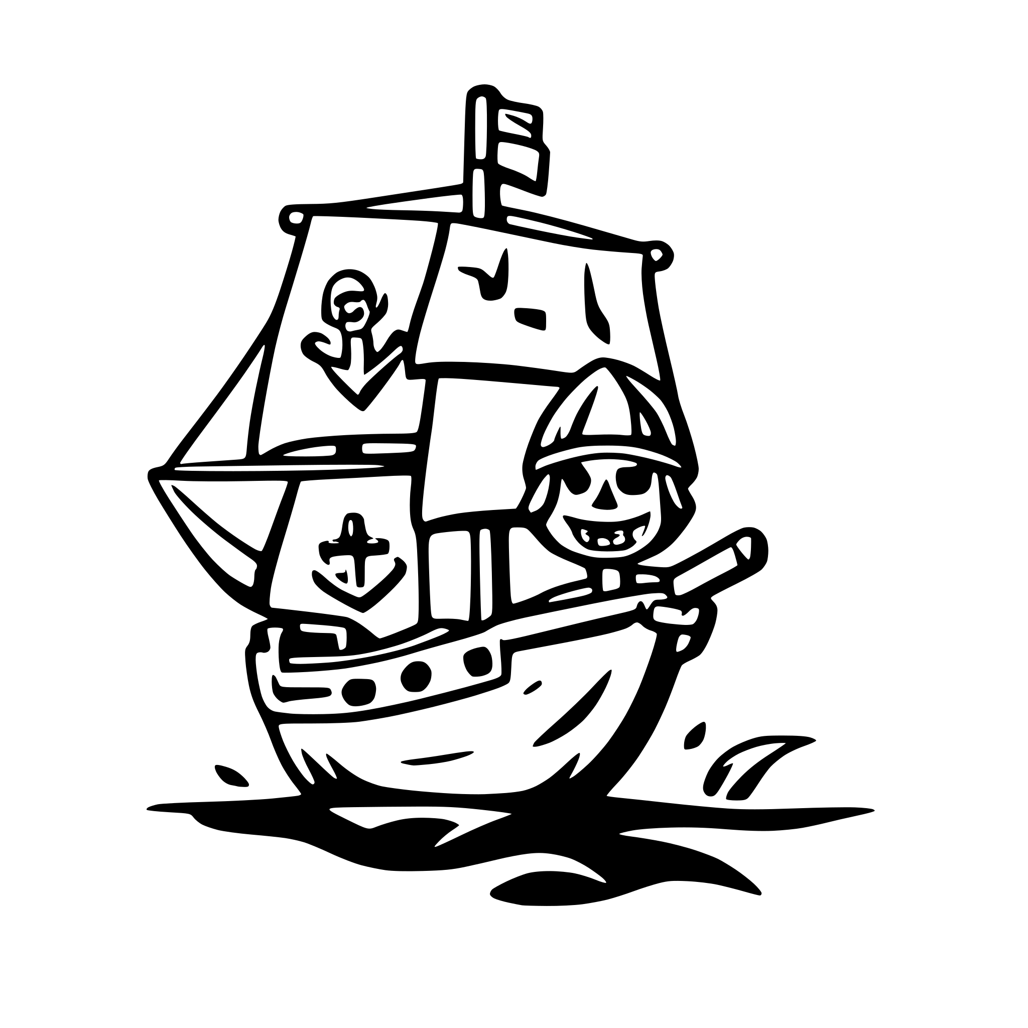 AI-generated SVG of a small, simple, pirate ship with one sail with a small tear in it. includes a menacing skull and cross bones.