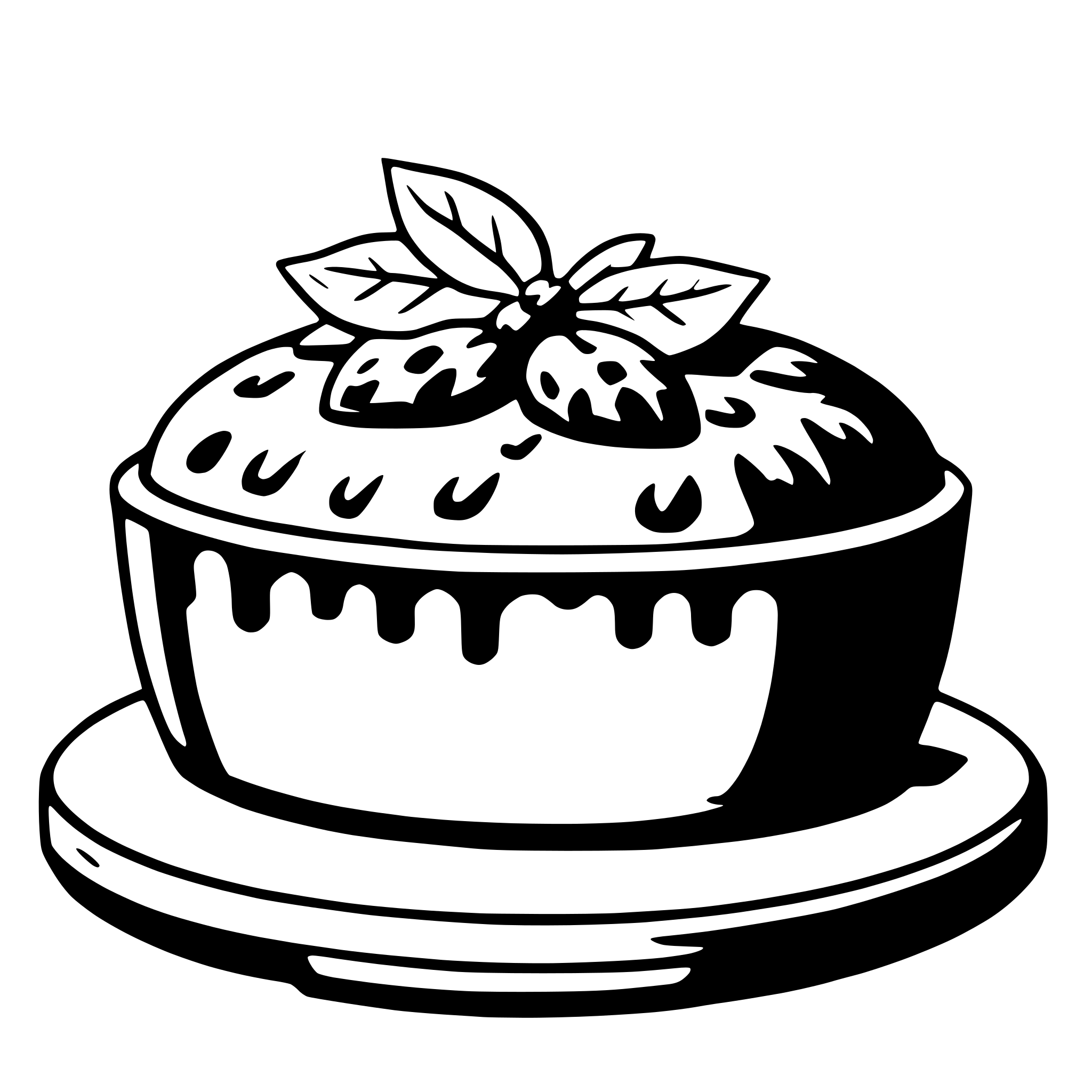 The SVG depicts a stylized illustration of a cake with a leaf on top. The cake is round with a flat base, and it appears to be a chocolate cake with a glossy chocolate icing. The leaf on top is detailed with veins and a small stem, suggesting it might be a mint leaf. The cake is placed on a circular stand, which is also round with a flat base, and it has a scalloped edge. The overall style is simple and cartoonish, with bold outlines and minimal shading. 