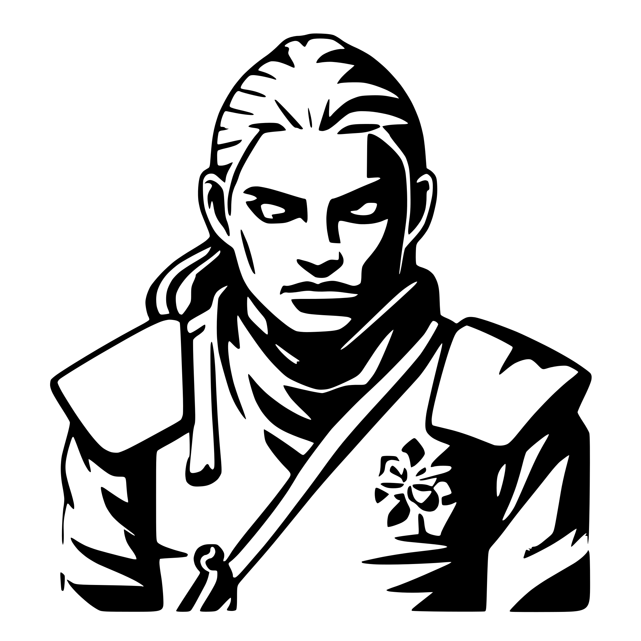 AI-generated SVG of a A SAMURAI IN FIGHT POSITIOPN, AND IN HIS BACK, HIS FACE LLOKING RIGHT TOWARD THE CAMERA