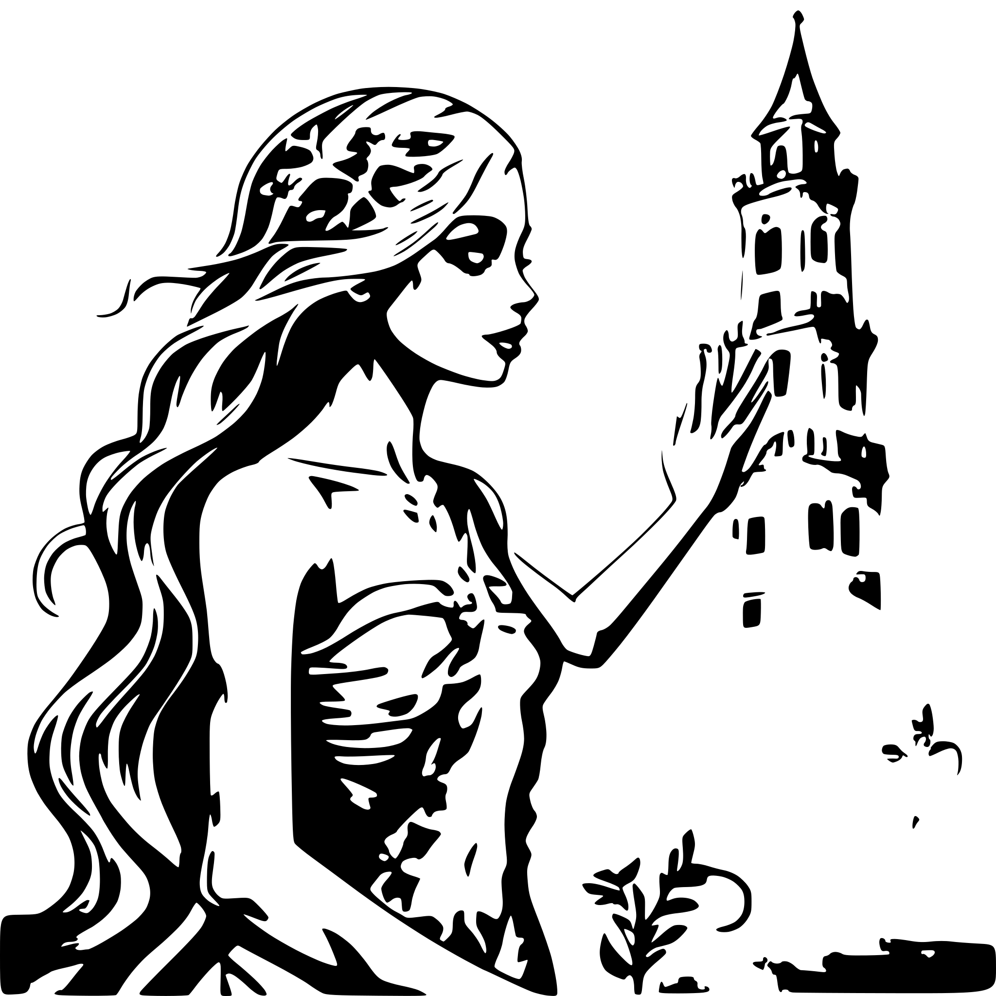 AI-generated SVG of a skeletal mermaid surrounded by skeletal seahorses amidst with the steeples of a  drowned and ruined city