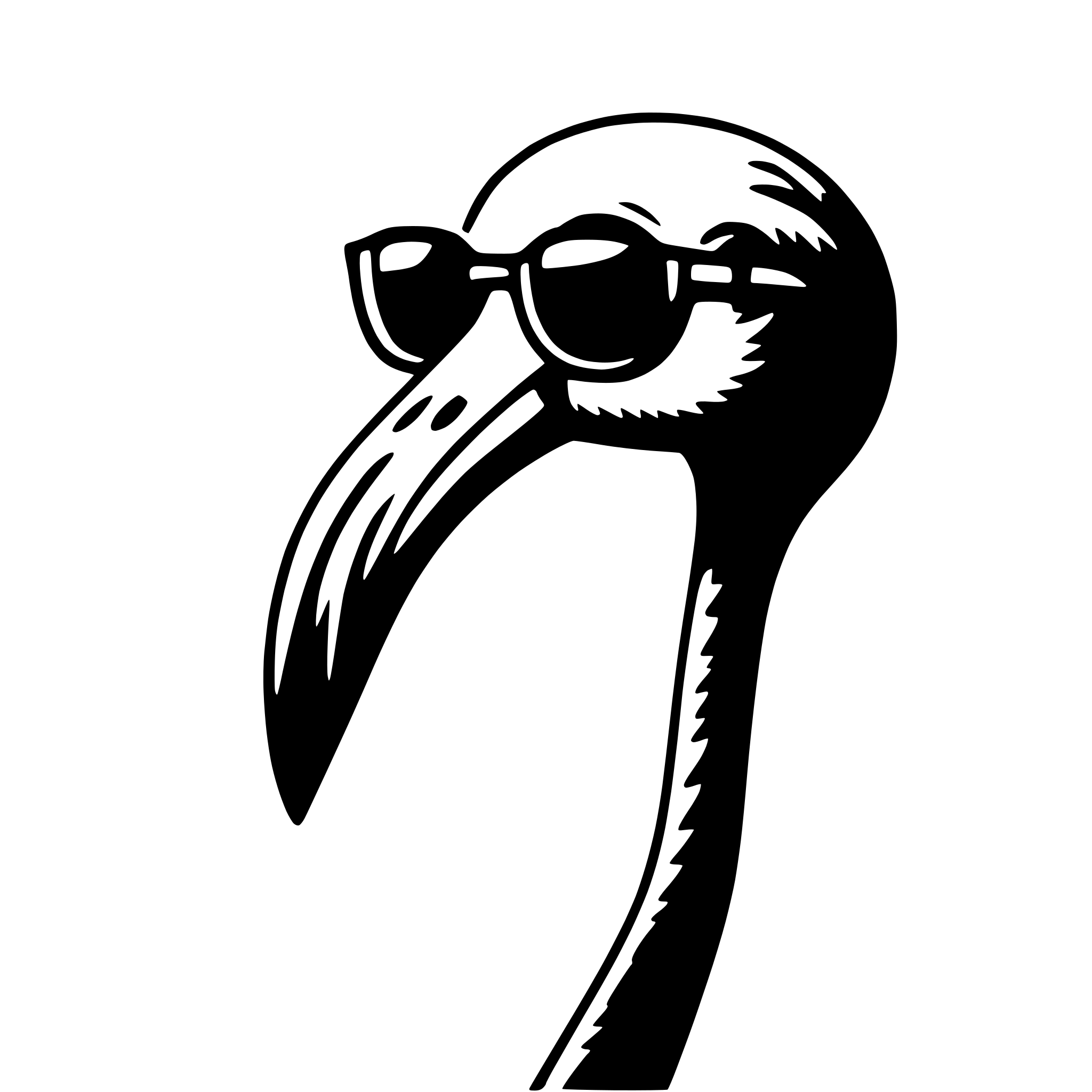 The SVG features a stylized black and white illustration of a bird wearing sunglasses. The bird has a long neck and a prominent beak, and it is depicted in a side profile view. The sunglasses are large and appear to be a pair of aviator-style glasses. The bird's head is turned slightly to the side, and it seems to be looking in that direction. The SVG is simple and uses solid black lines against a white background to create the contrast. There is no text or additional elements in the SVG. 