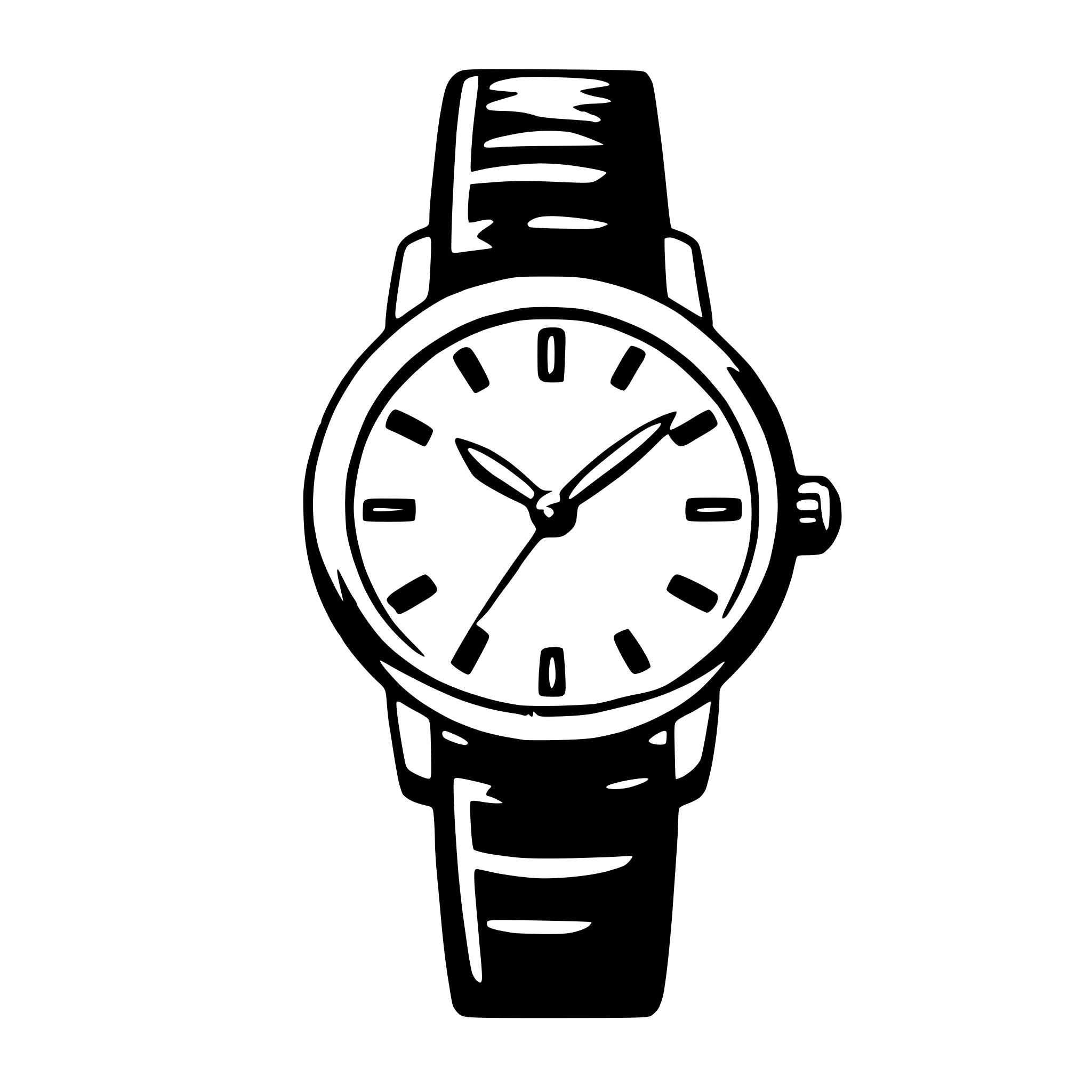 The SVG shows a stylized, black and white illustration of a wristwatch. The watch has a round face with a series of numbers and markings around the edge, indicating the hours. The hands of the watch are also visible, with the hour hand pointing to the number 12 and the minute hand pointing to the number 6. The watch has a strap that appears to be made of a material with a textured pattern, possibly leather or rubber. The illustration is simple and uses solid black lines against a white background, with no shading or gradients. There is no text present in the SVG. The style of the illustration is reminiscent of a classic or vintage design. 