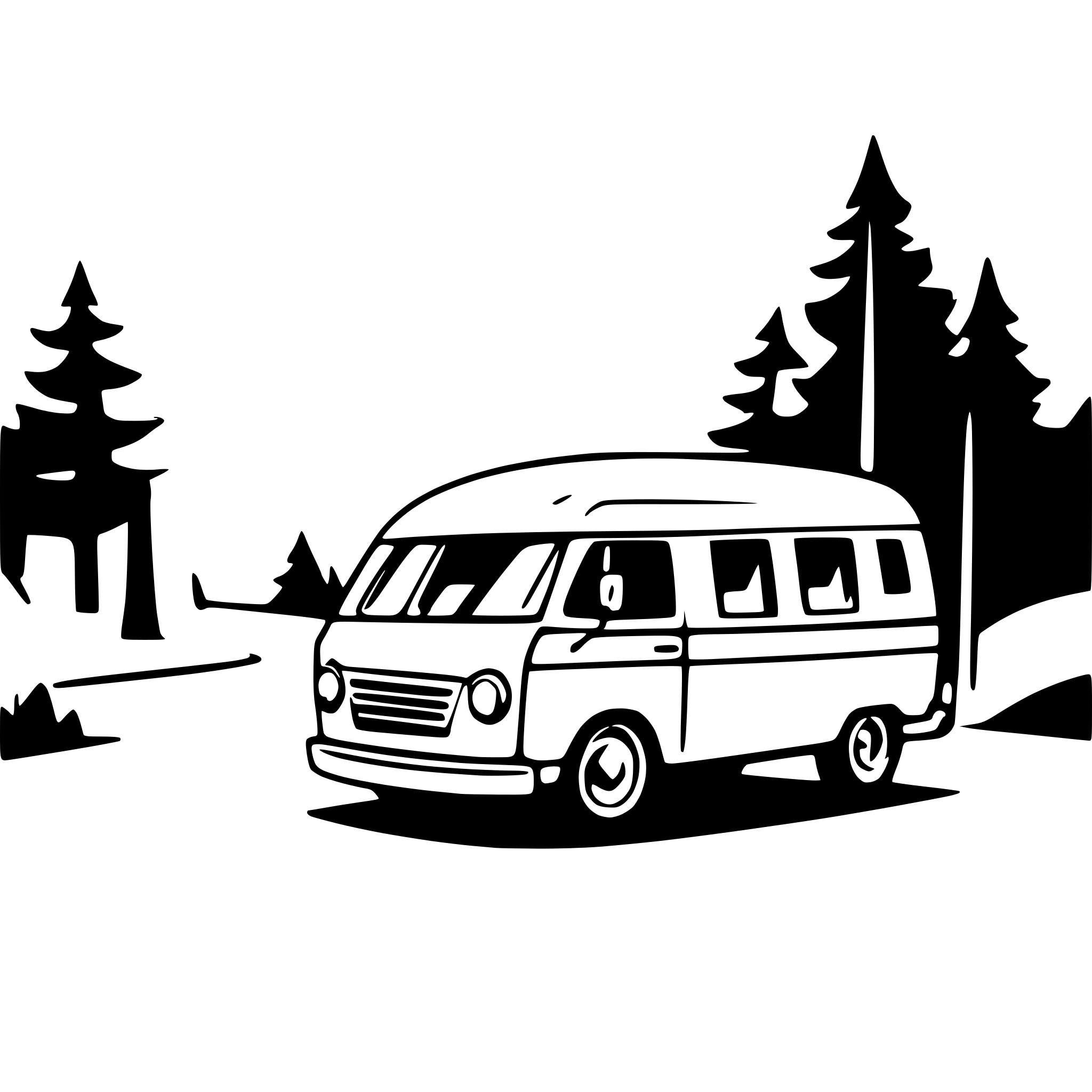 AI-generated SVG of a Camper van pulling into a campground. Long shot, profile viewpoint. AI-generated SVG of a Camper van pulling into a campground. Long shot, profile viewpoint.