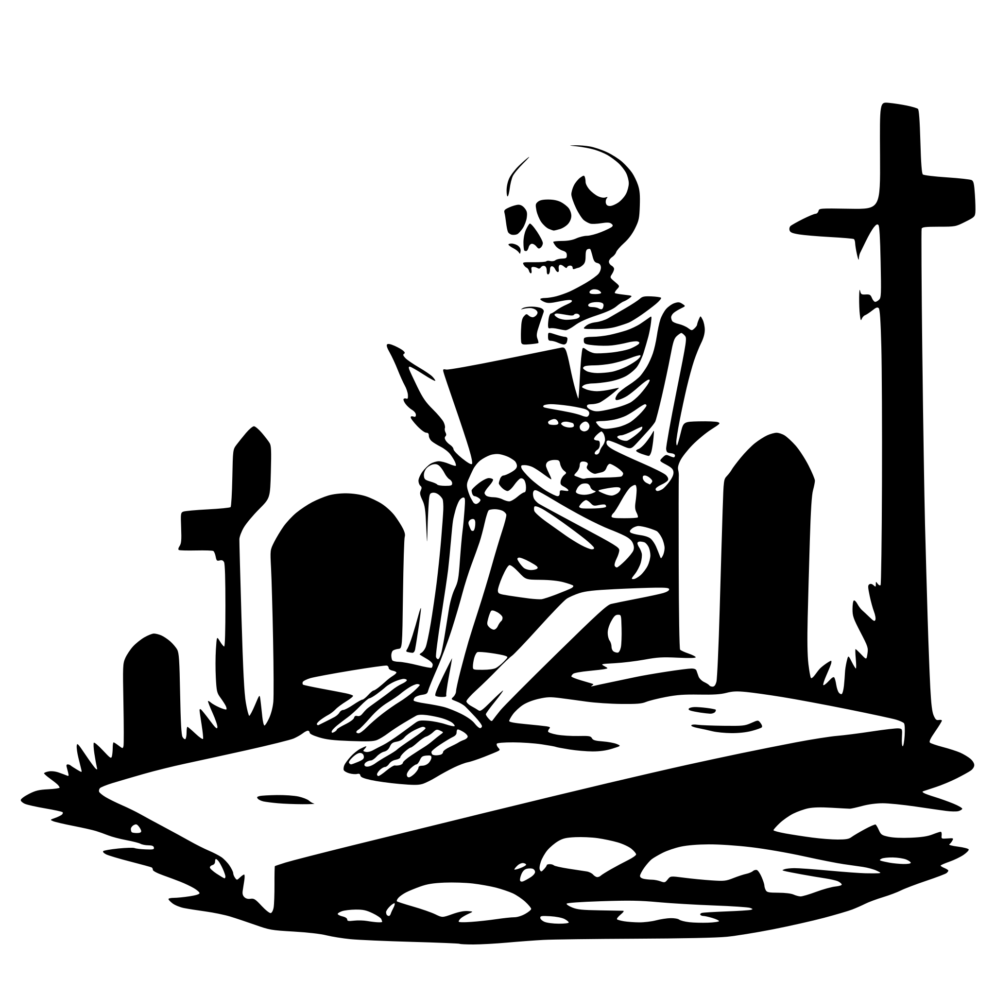 AI-generated SVG of a a reading skeleton on a cemetery