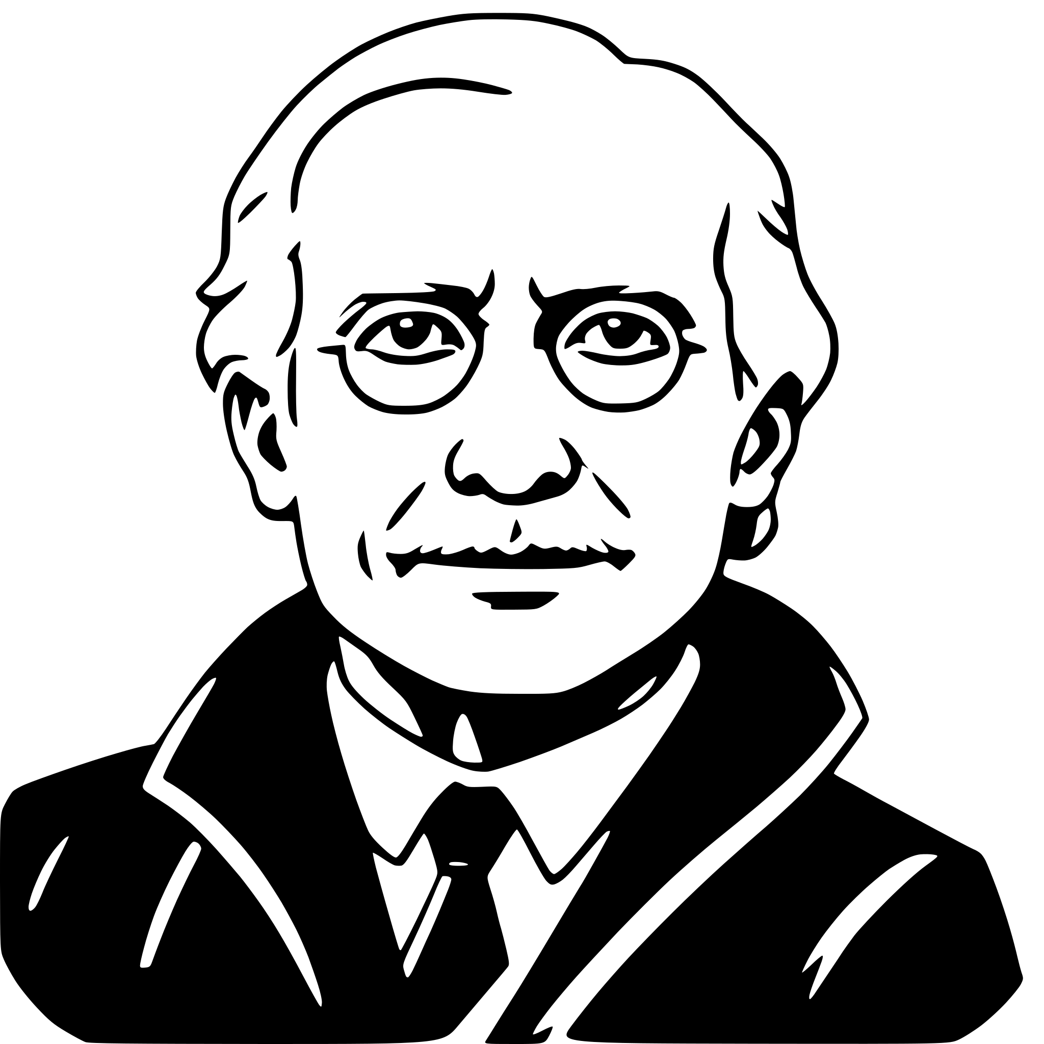 The SVG is a black and white line drawing of a man's face. The man is depicted with a mustache and is wearing glasses. He has a serious expression and is dressed in a dark coat with a lighter shirt and tie. The SVG is simple and does not contain any additional objects or interactions. 