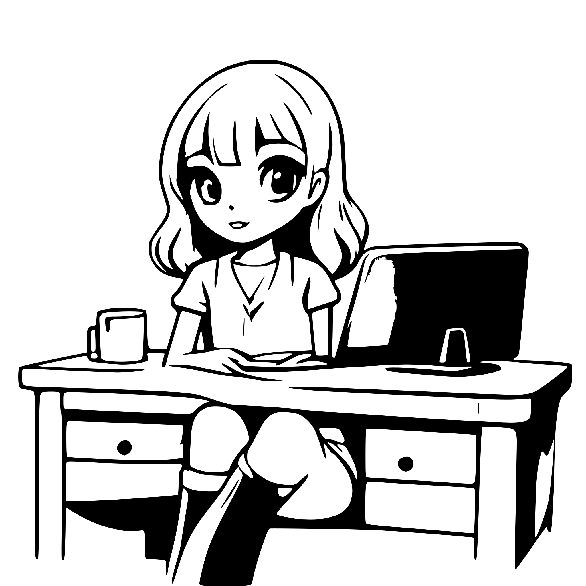 AI-generated SVG of a cute anime girl, style - short body, cartoonish, big head and eyes, in a skirtm, and shoes, sitting on desk