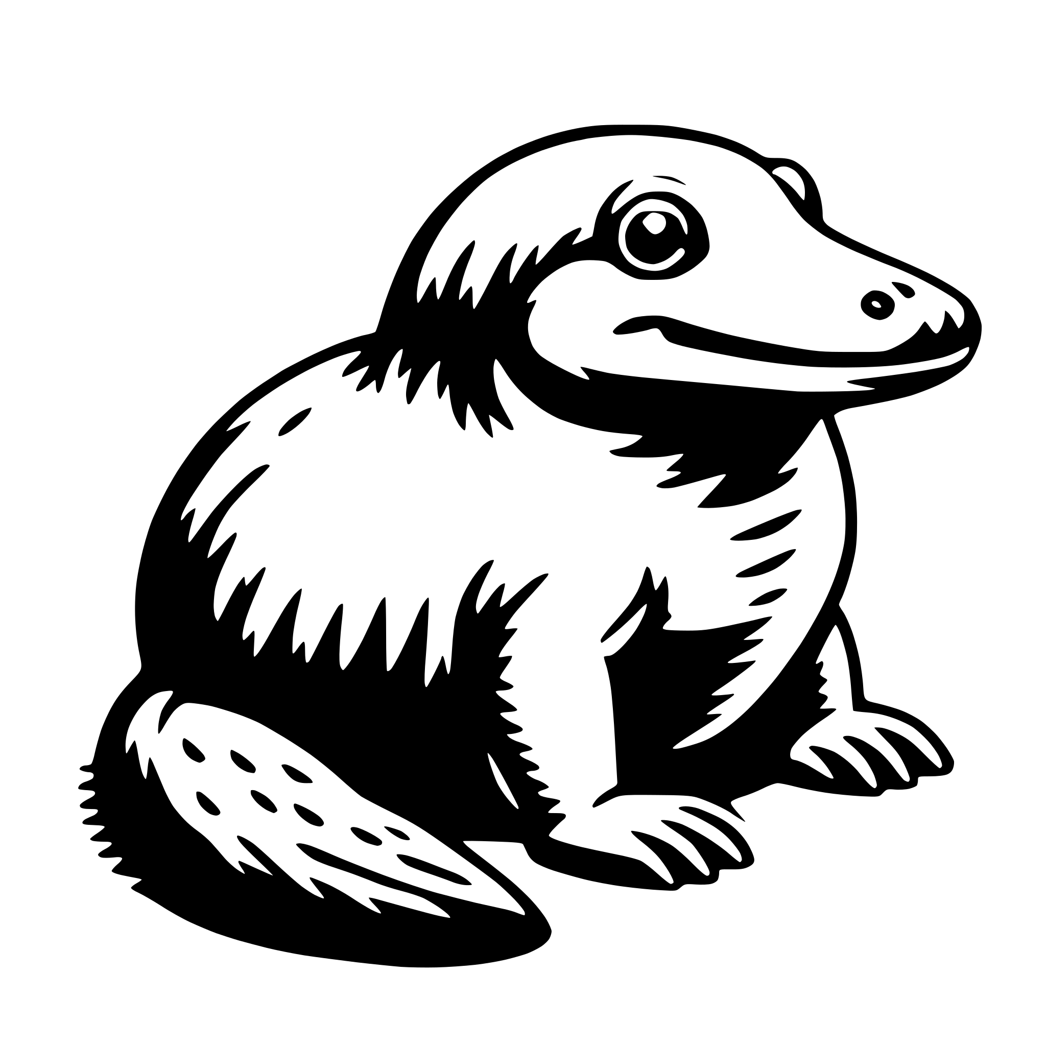 The SVG depicts a cartoon-style illustration of a small, cute animal that appears to be a combination of a cat and a dog, often referred to as a "catdog" or "dogcat." The animal has a round head with large, expressive eyes, a small nose, and a small mouth. It has a body with a round belly, and its tail is curled up behind it. The animal's fur is depicted with a simple, stylized pattern, and it has a small, round ear on top of its head. The animal is sitting upright with its front paws extended forward, giving it a friendly and approachable appearance. There is no interaction between objects in this SVG, as it is a single, self-contained illustration. 