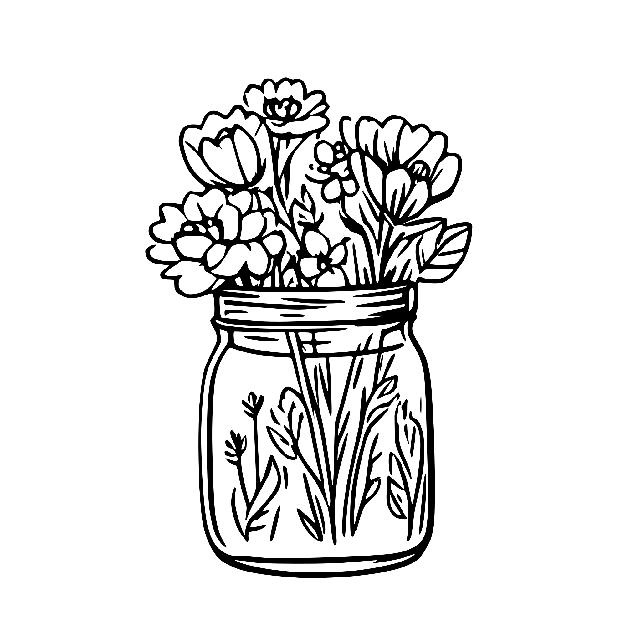 AI-generated SVG of a “Transparent mason jar filled with a small bouquet of wildflowers (daisies, lavender sprigs, baby’s breath), delicate stems, pastel yellow, light purple, off-white blooms. Thin hand‐drawn outline