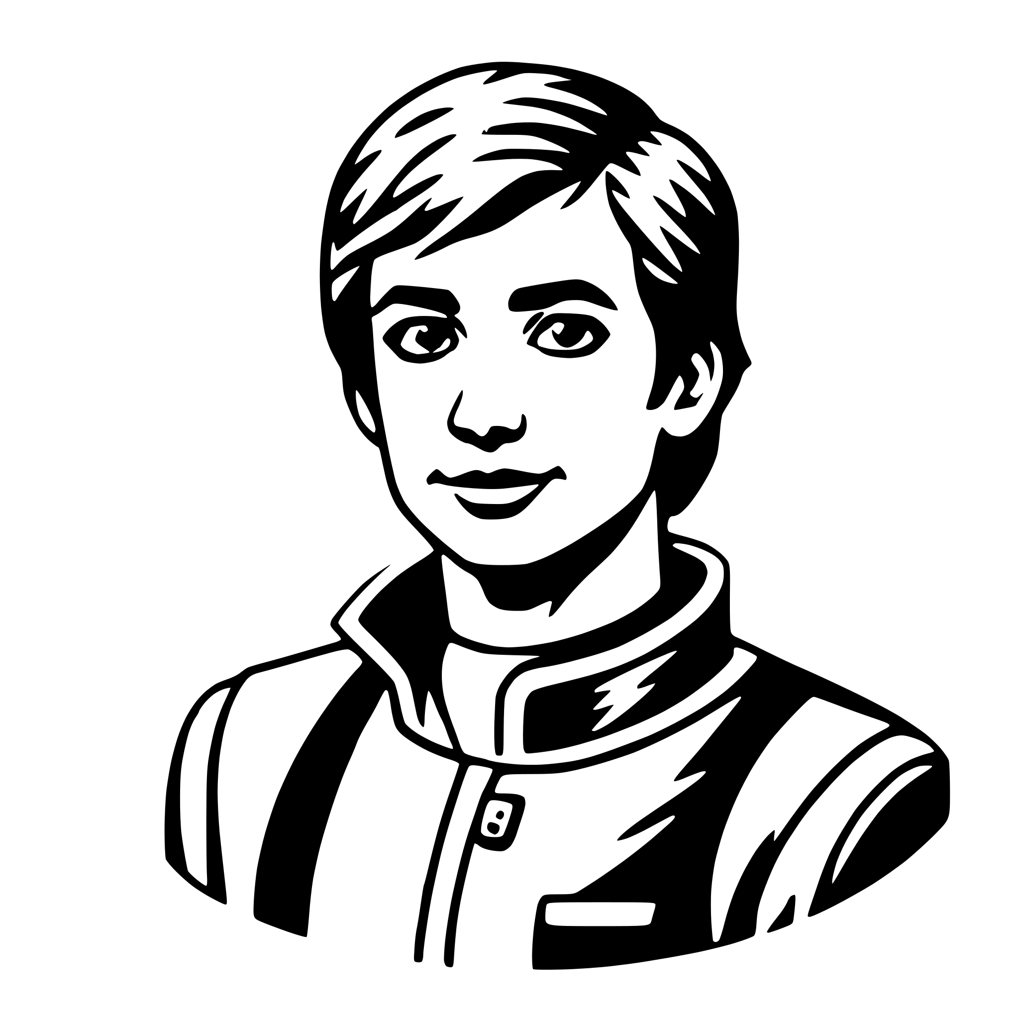 The SVG is a black and white vector illustration of a person's head and shoulders. The person appears to be a young adult with short hair, wearing what seems to be a jacket or a uniform with a collar. The illustration is stylized with clean lines and lacks detail that would suggest a specific gender or ethnicity. The person is looking directly at the viewer with a neutral expression. 