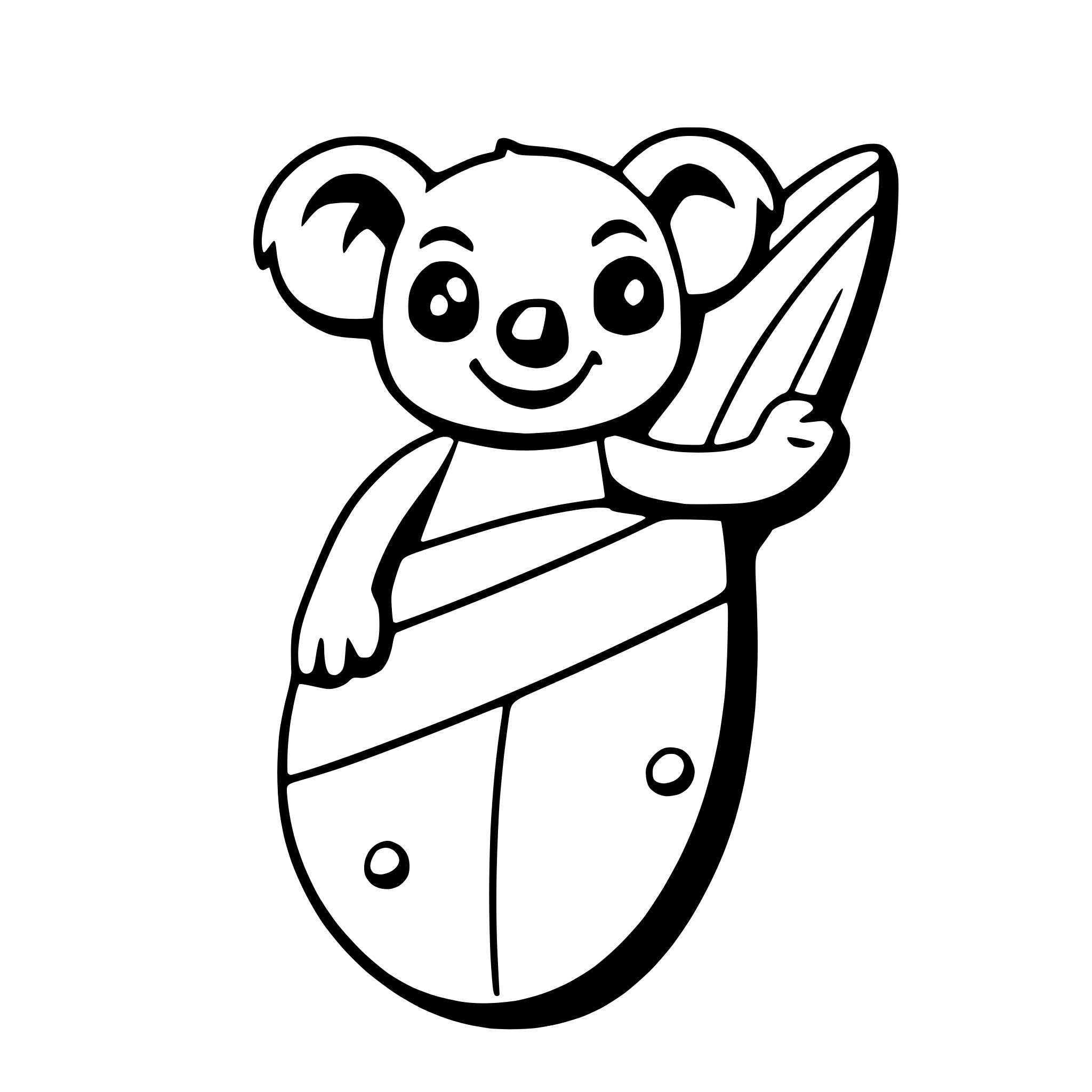 AI-generated SVG of a a cheerful koala with a surfboard