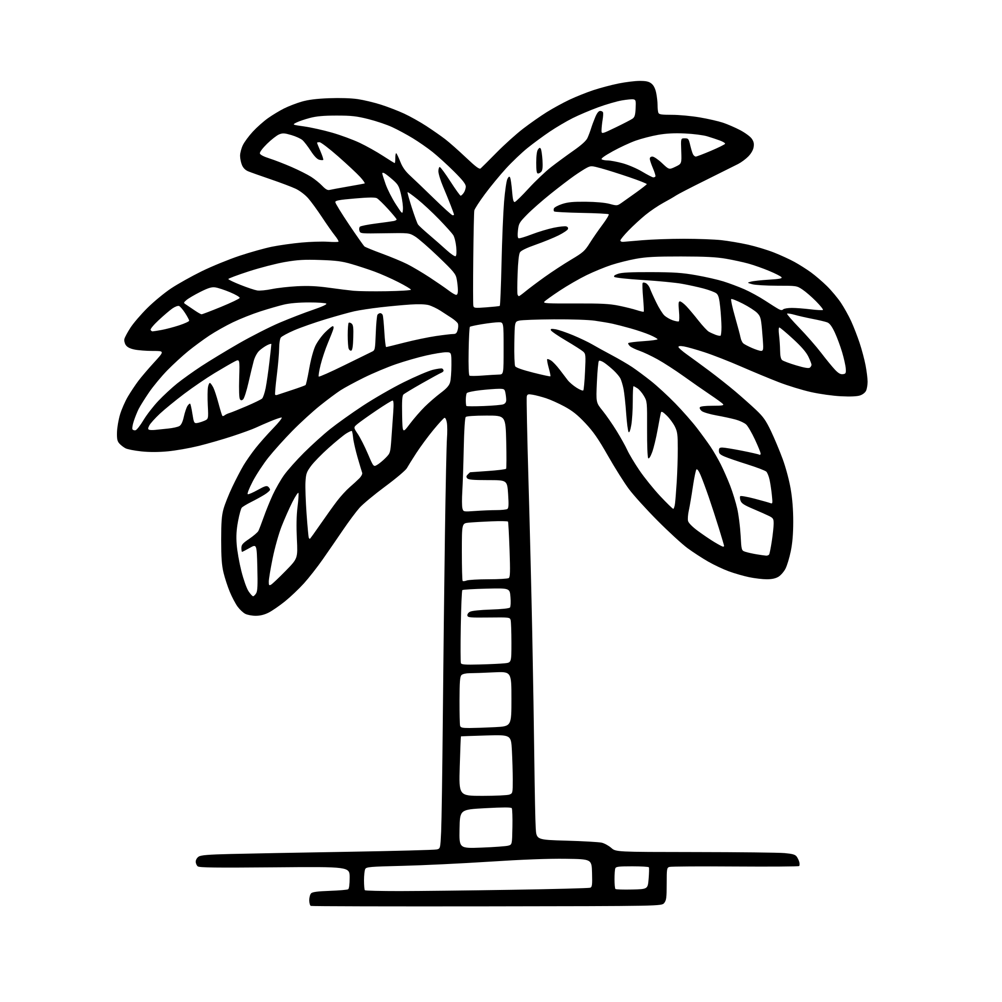 AI-generated SVG of a A simple minimalist logo of a palm tree with a pixelated effect on its leaves, representing a blend of nature and technology. The trunk is straight and brown, and the leaves are green with small square pixel elements integrated at their tips. The design is clean, modern, and uses flat colors with no gradients, on a transparent background, no floor